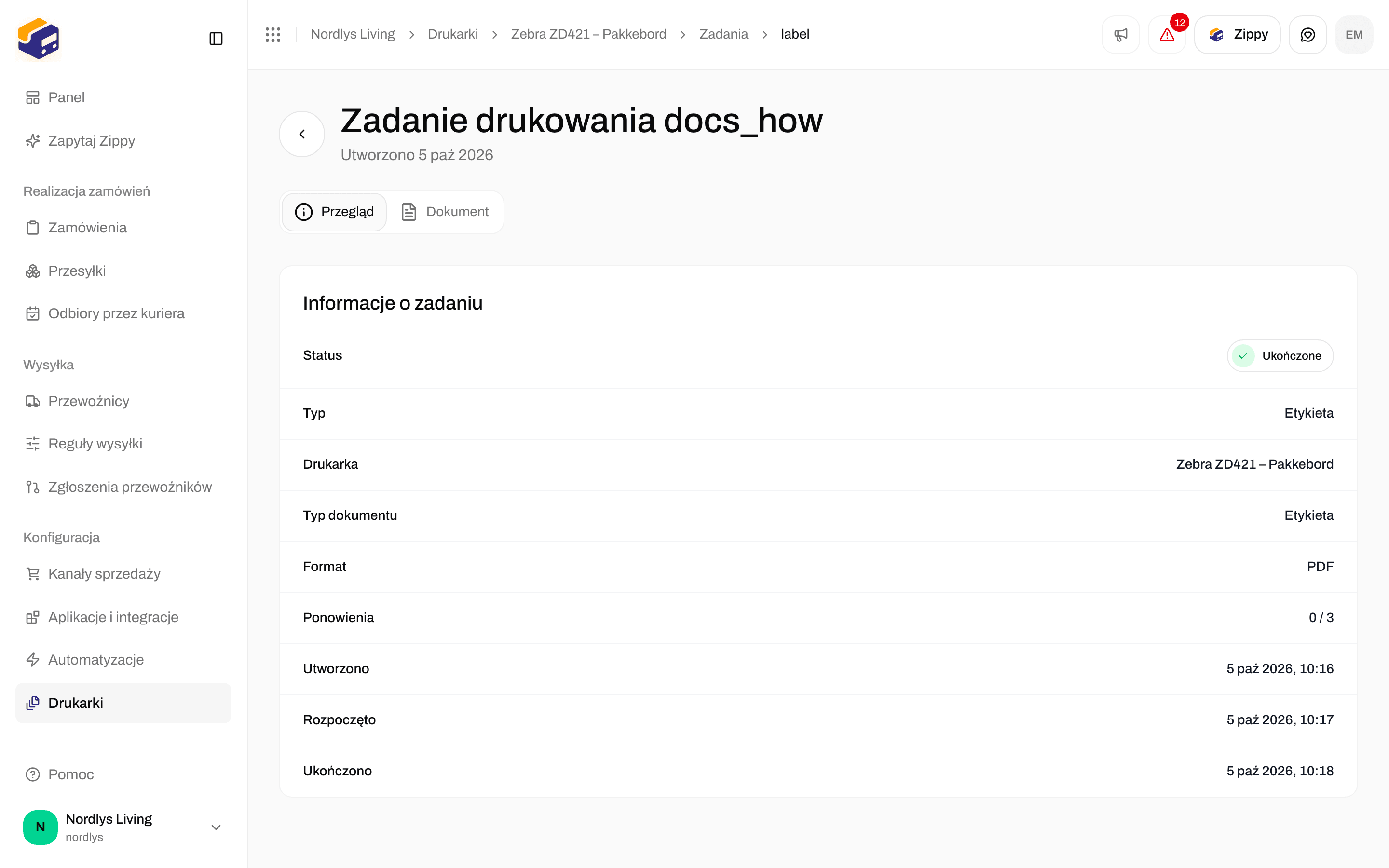 Strona zadania drukowania, Przegląd z sekcją Informacje o zadaniu: status, typ, drukarka i format