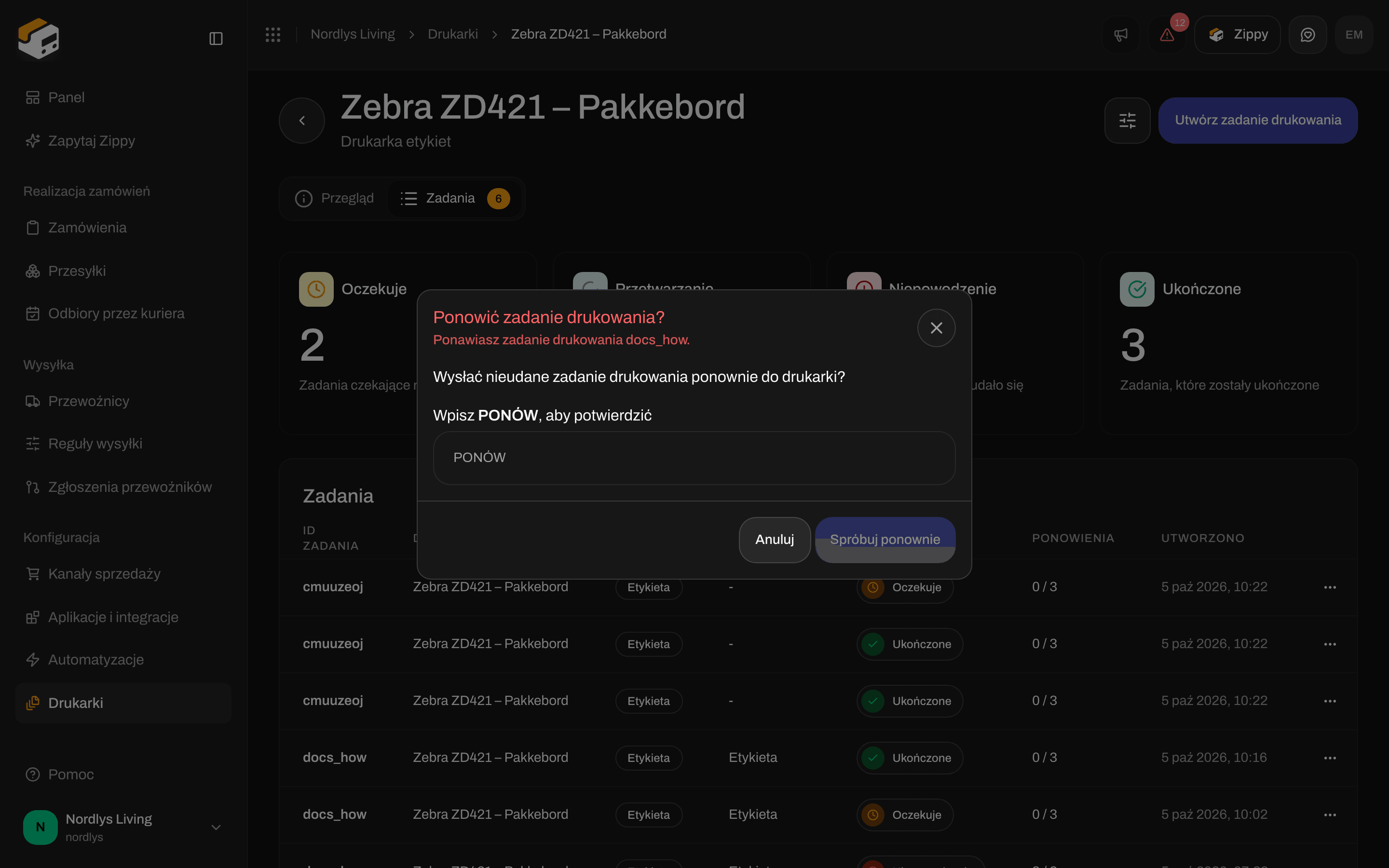 Potwierdzenie ponowienia zadania drukowania z polem do wpisania RETRY