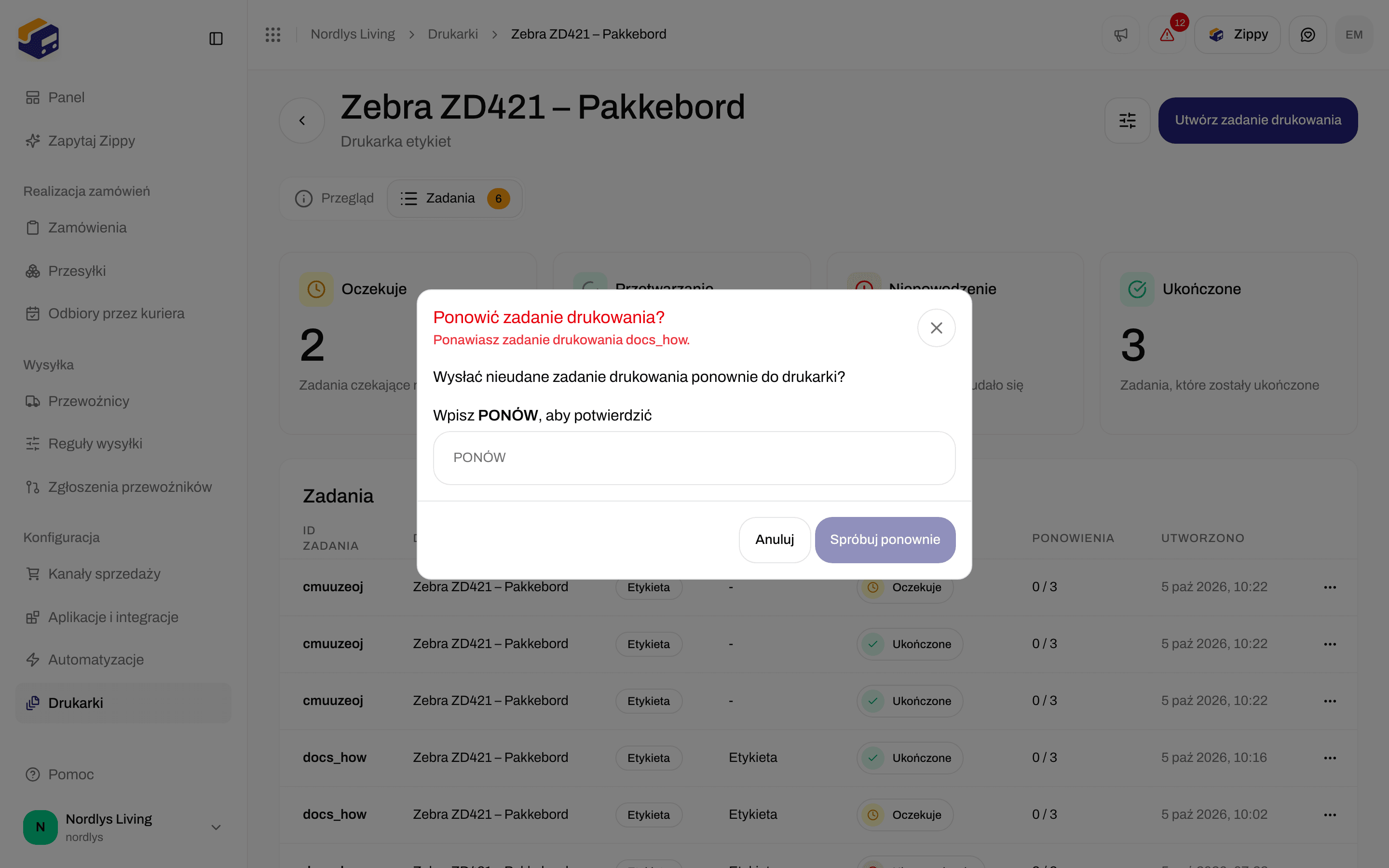 Potwierdzenie ponowienia zadania drukowania z polem do wpisania RETRY