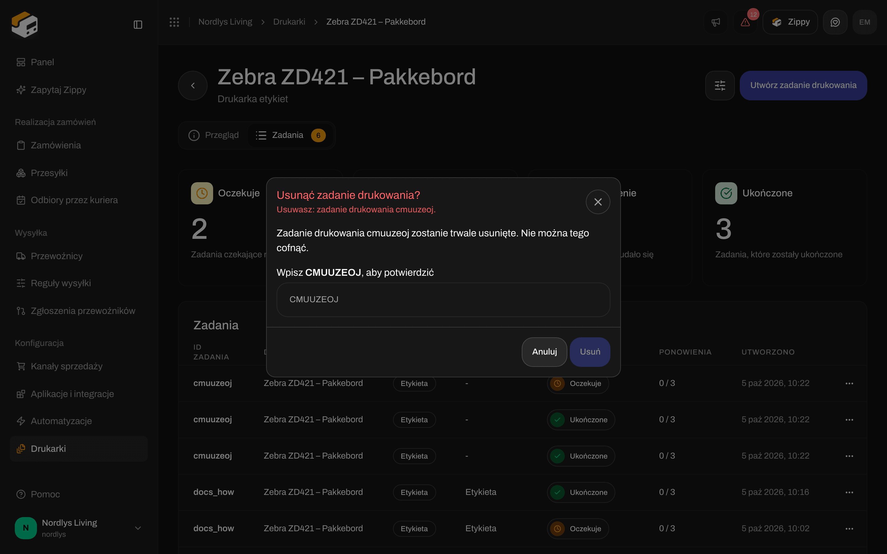 Potwierdzenie usunięcia zadania drukowania z polem do wpisania ID zadania