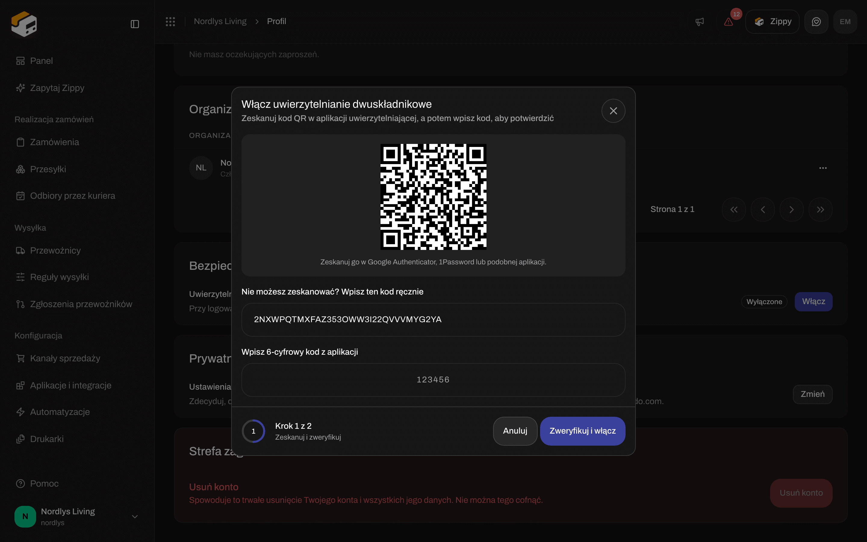 Okno Włącz uwierzytelnianie dwuskładnikowe z kodem QR i polem na 6-cyfrowy kod