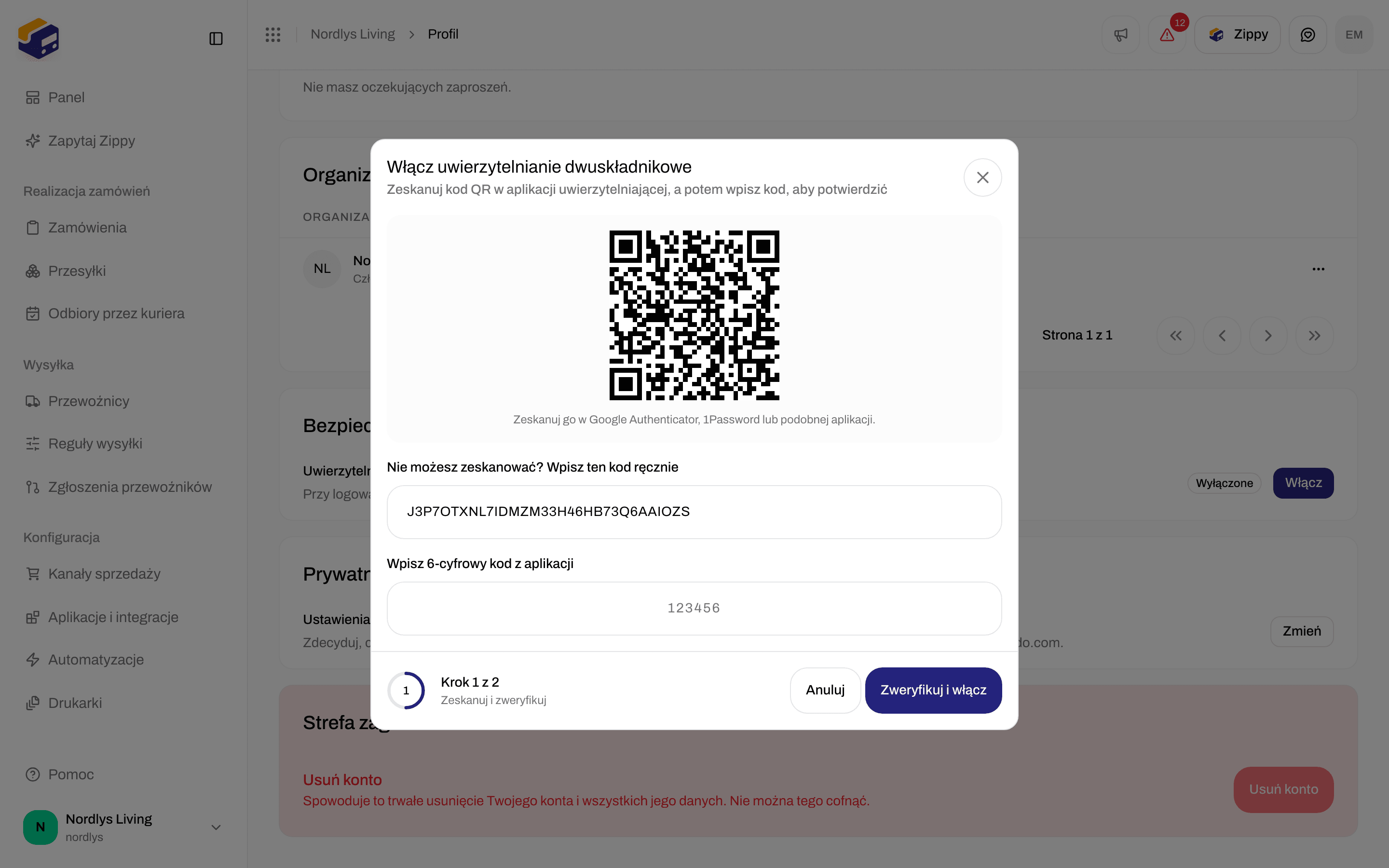 Okno Włącz uwierzytelnianie dwuskładnikowe z kodem QR i polem na 6-cyfrowy kod