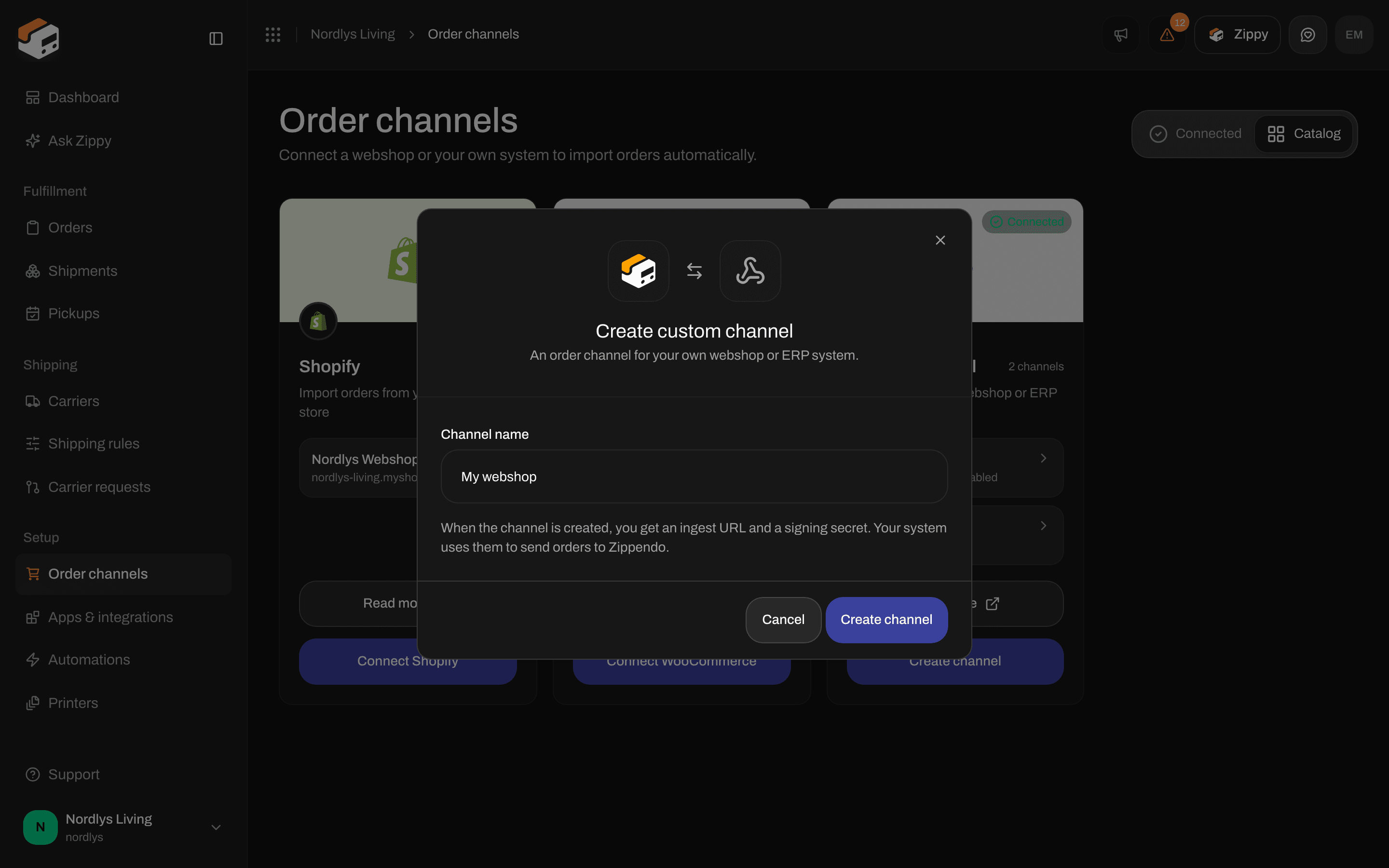 Create custom channel window with Channel name filled in as My webshop, Create channel and Cancel
