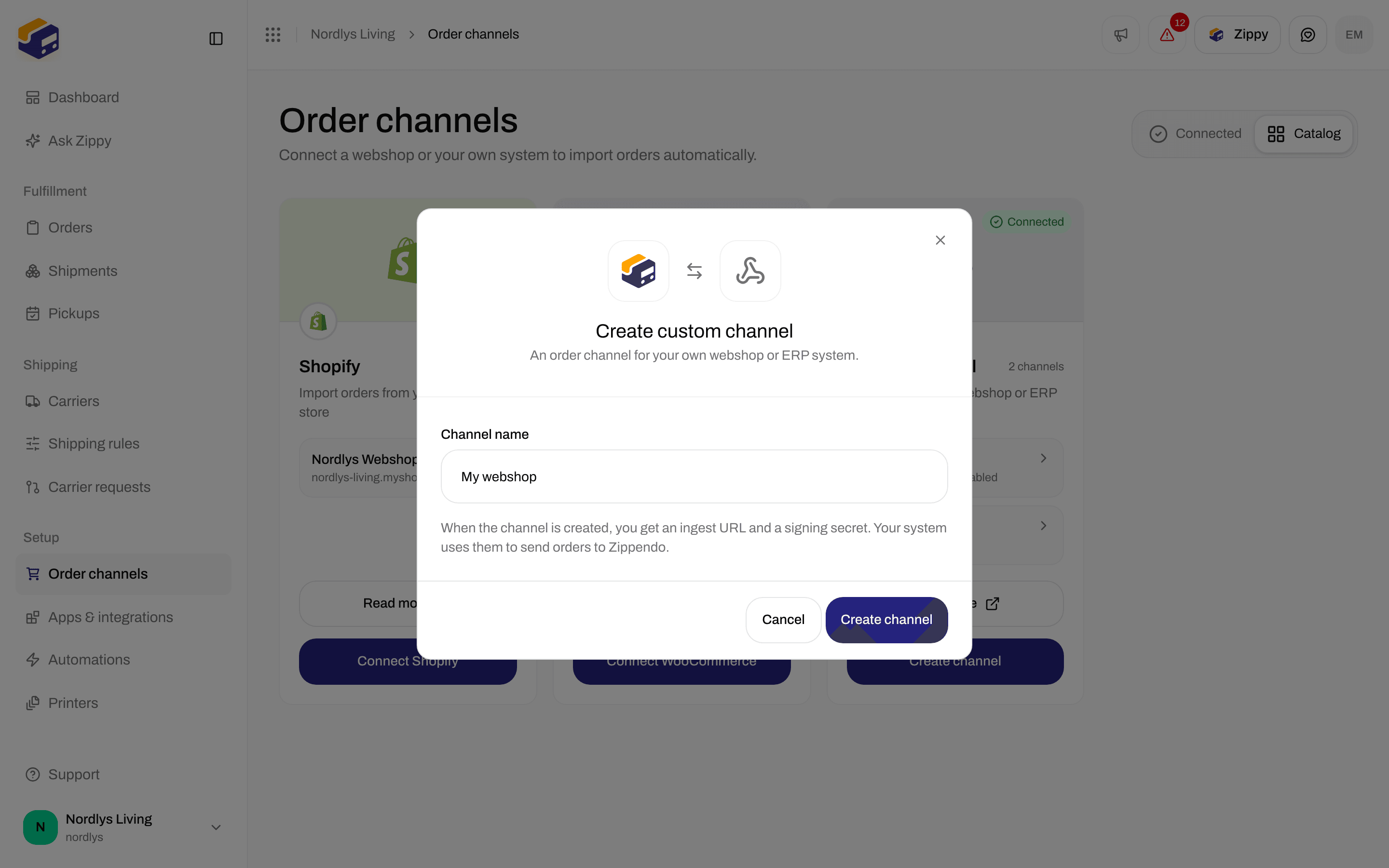 Create custom channel window with Channel name filled in as My webshop, Create channel and Cancel