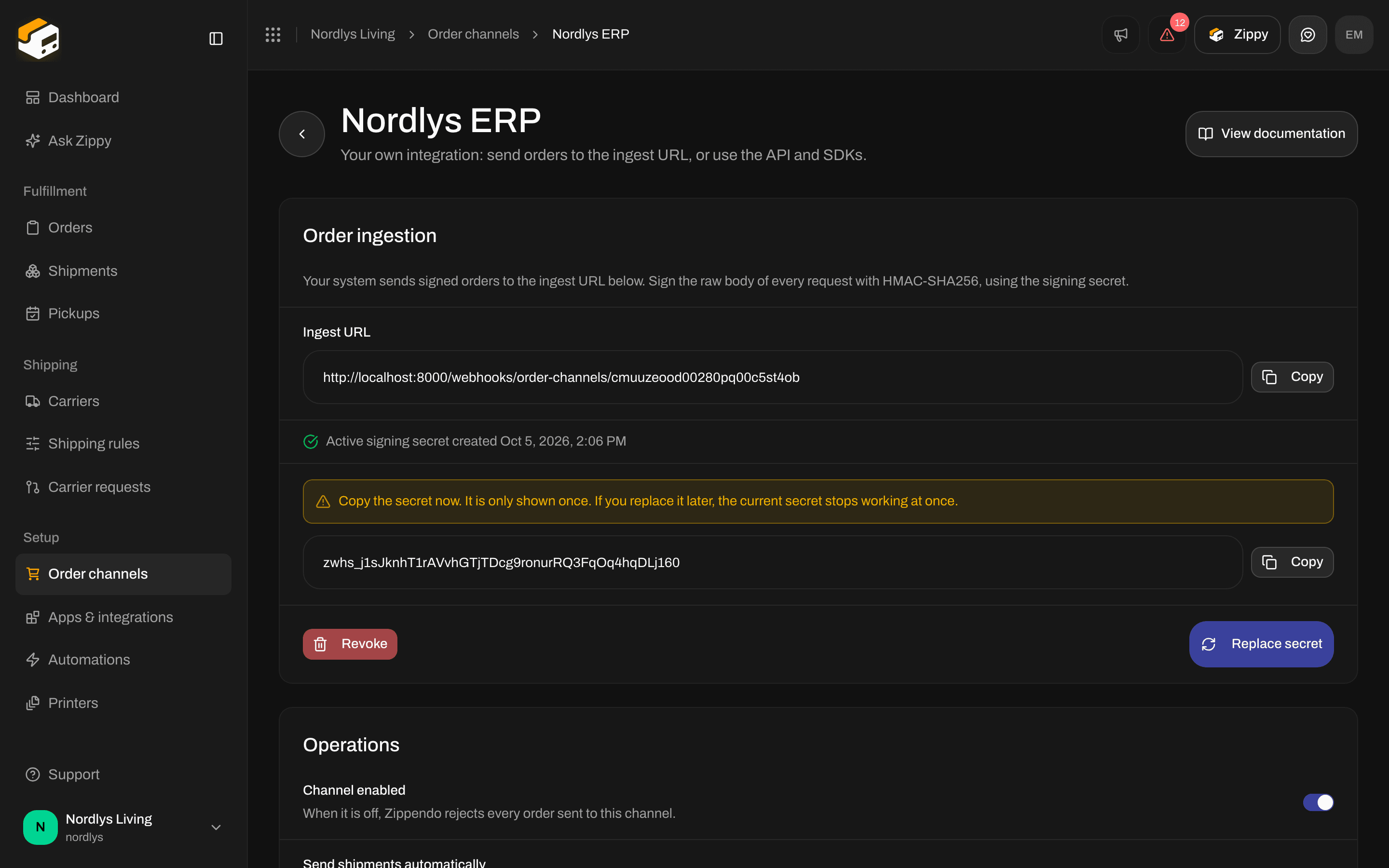 Order ingestion with the one-time signing secret, Copy, Revoke and Replace secret