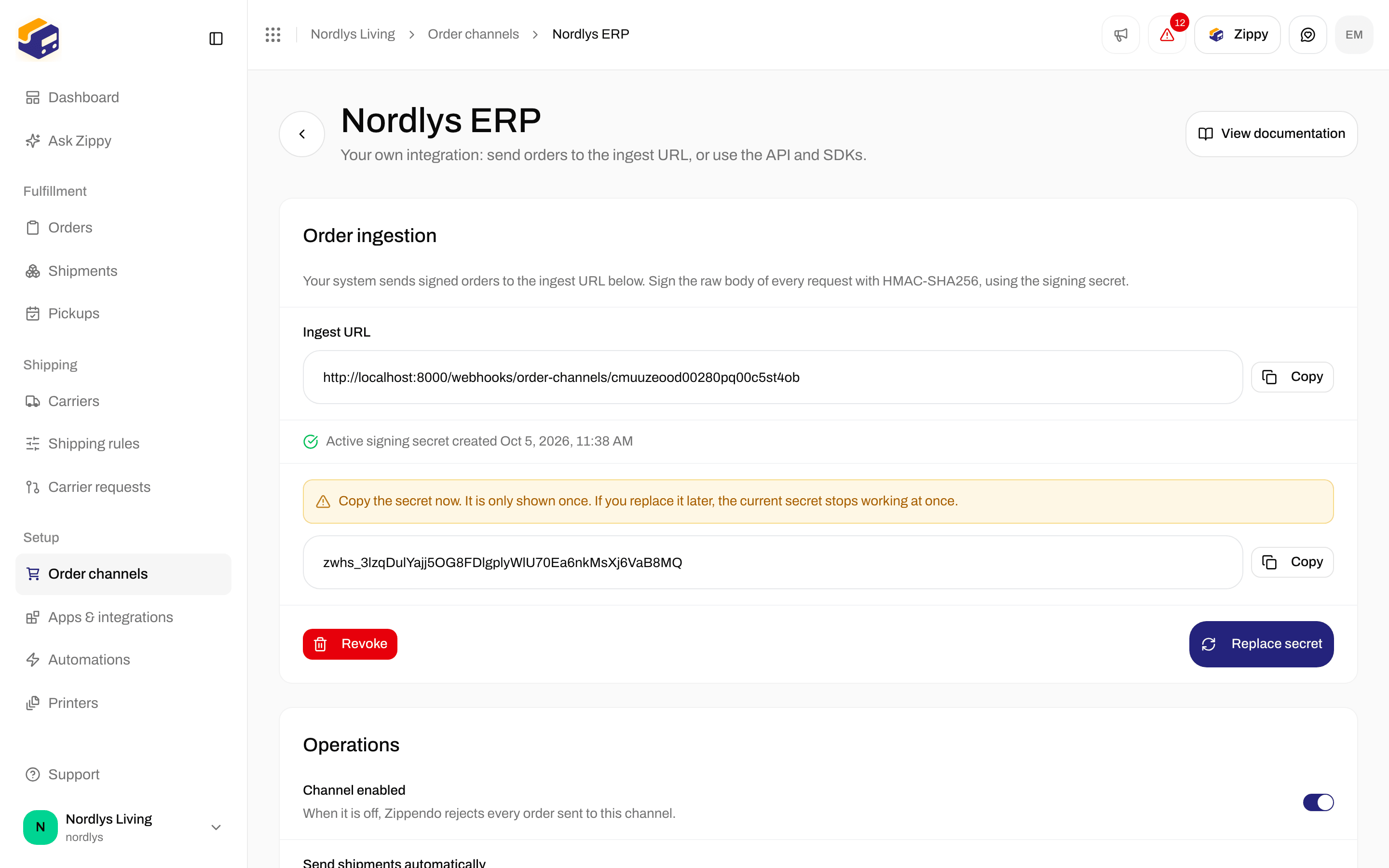 Order ingestion with the one-time signing secret, Copy, Revoke and Replace secret