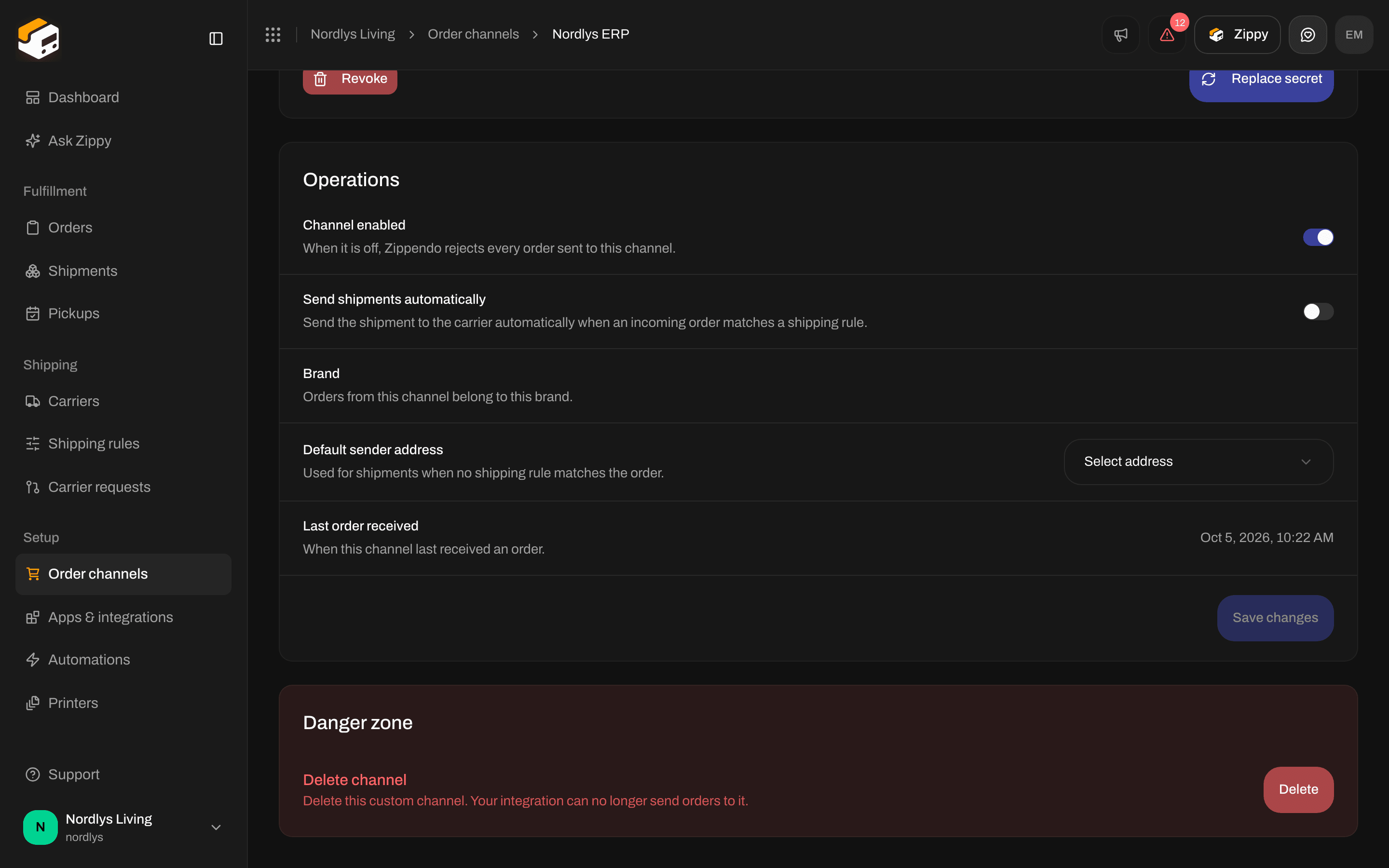 Danger zone with Delete channel and the Delete button