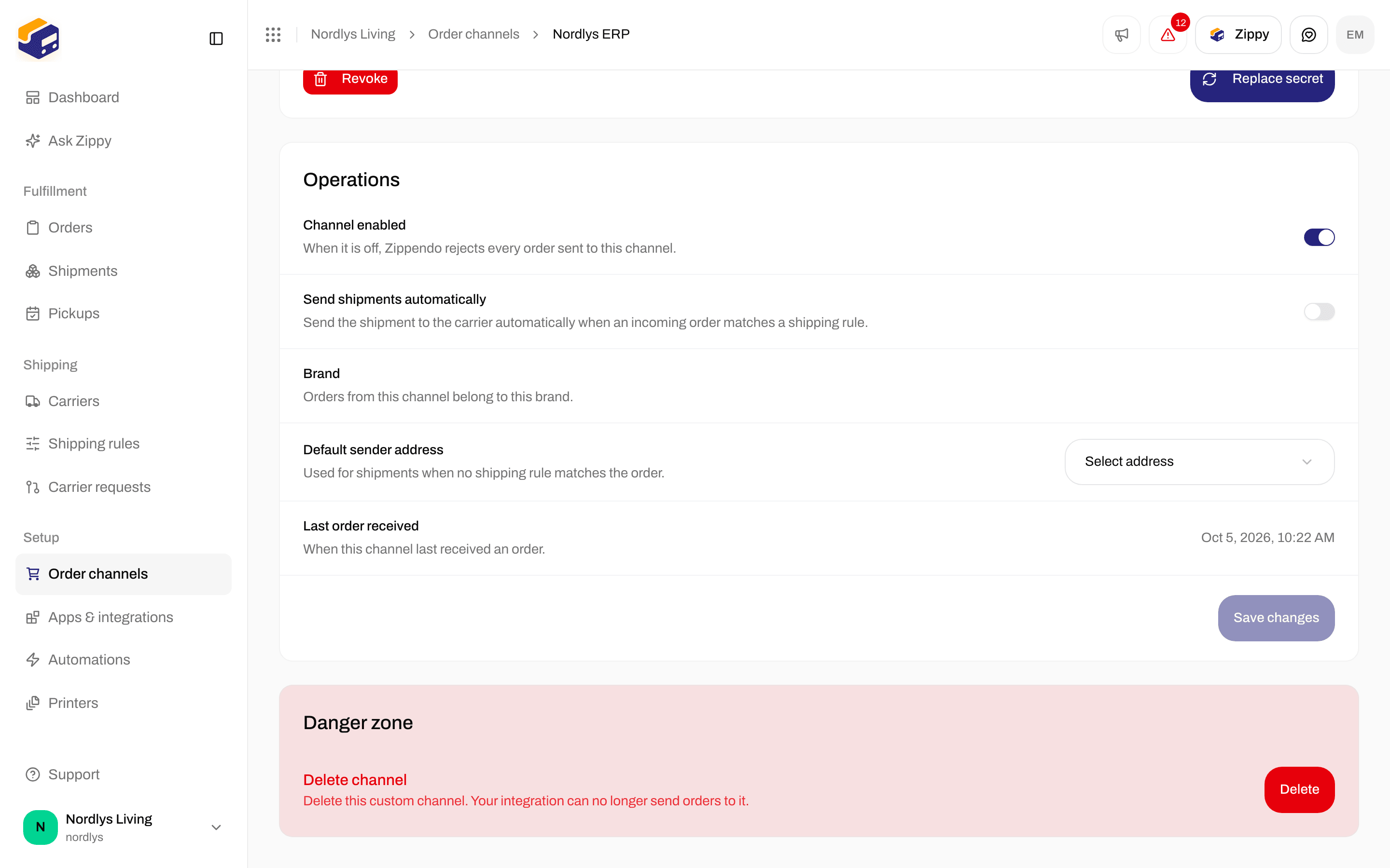 Danger zone with Delete channel and the Delete button