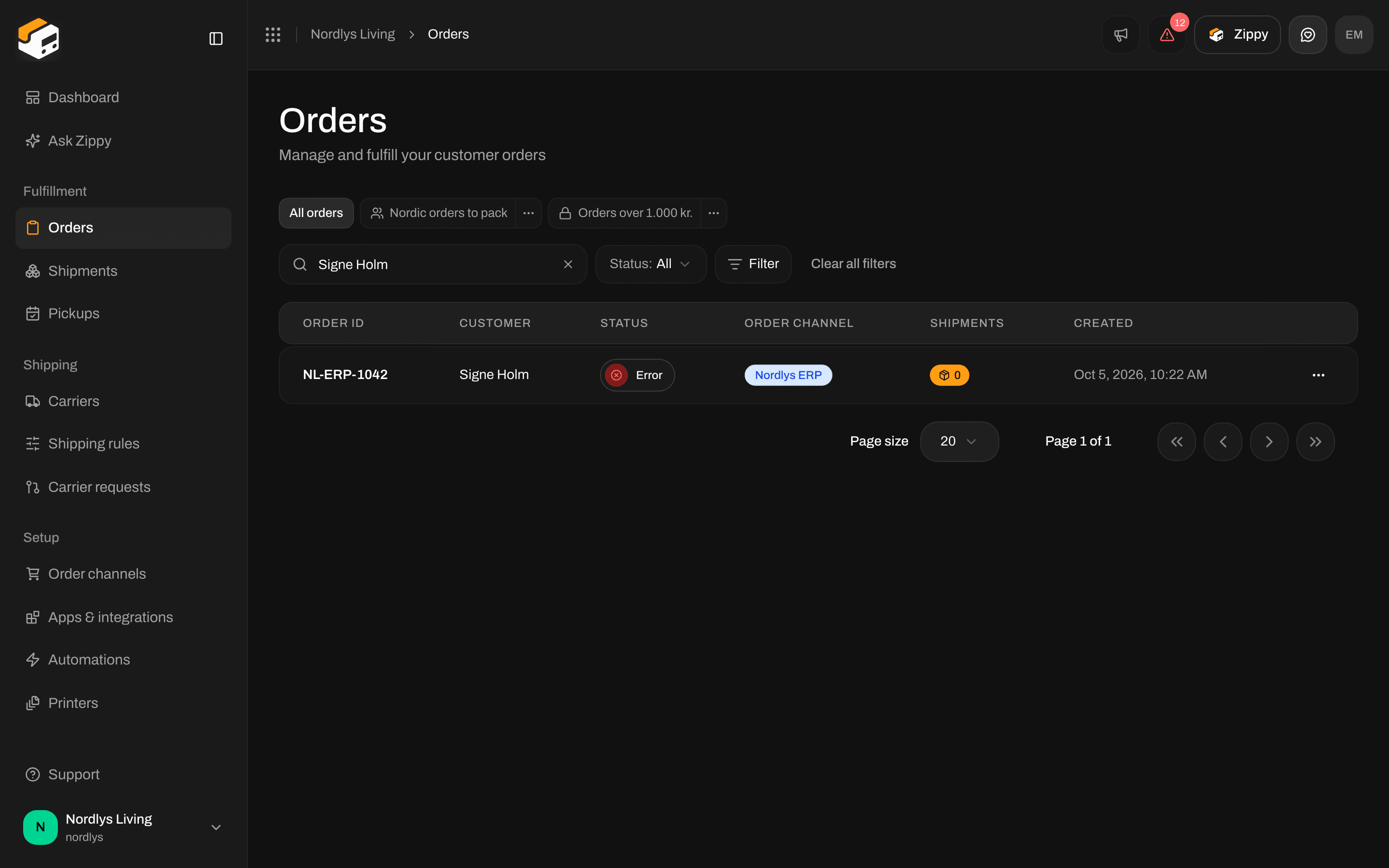 Orders list with an order that arrived through a custom channel