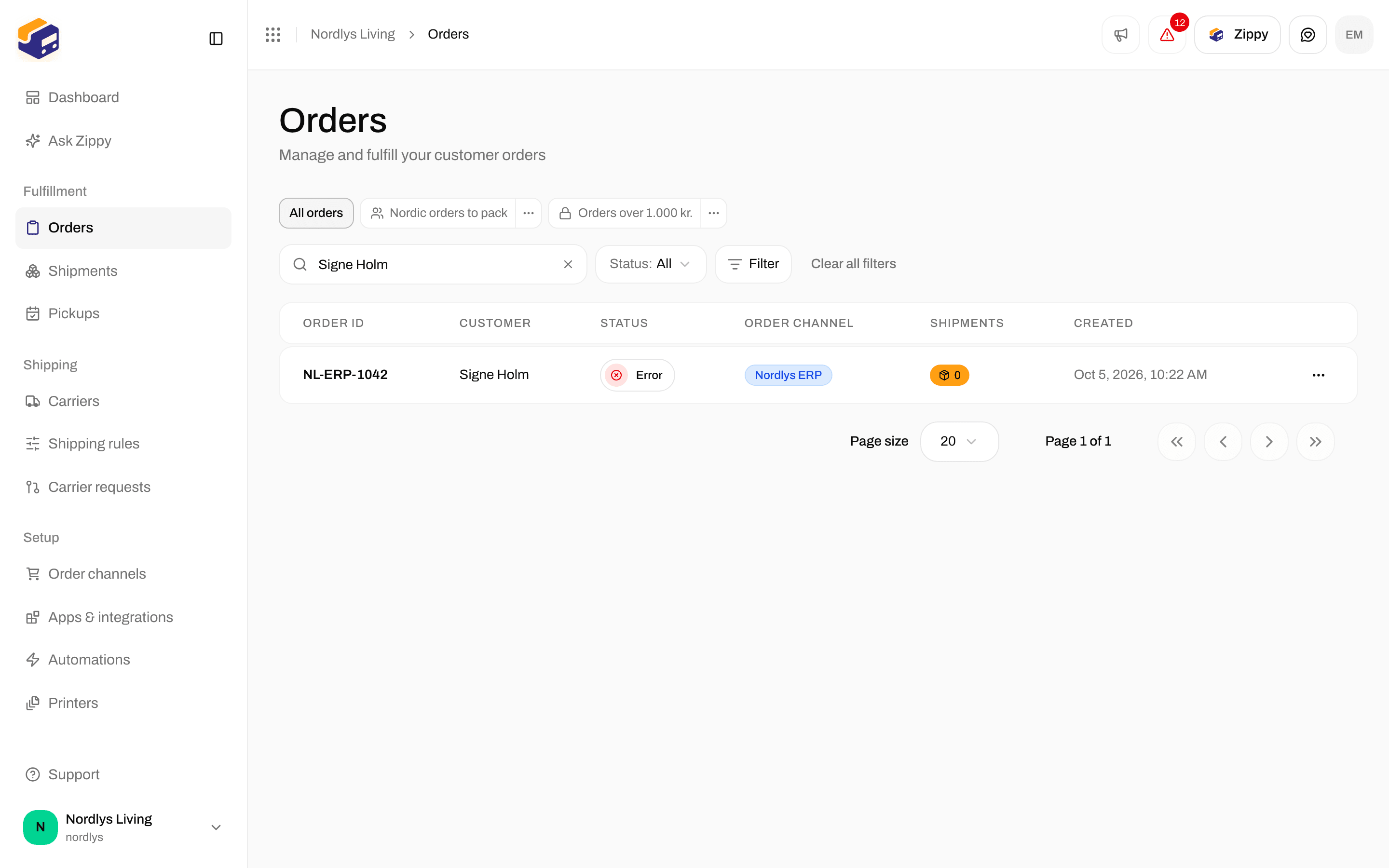 Orders list with an order that arrived through a custom channel