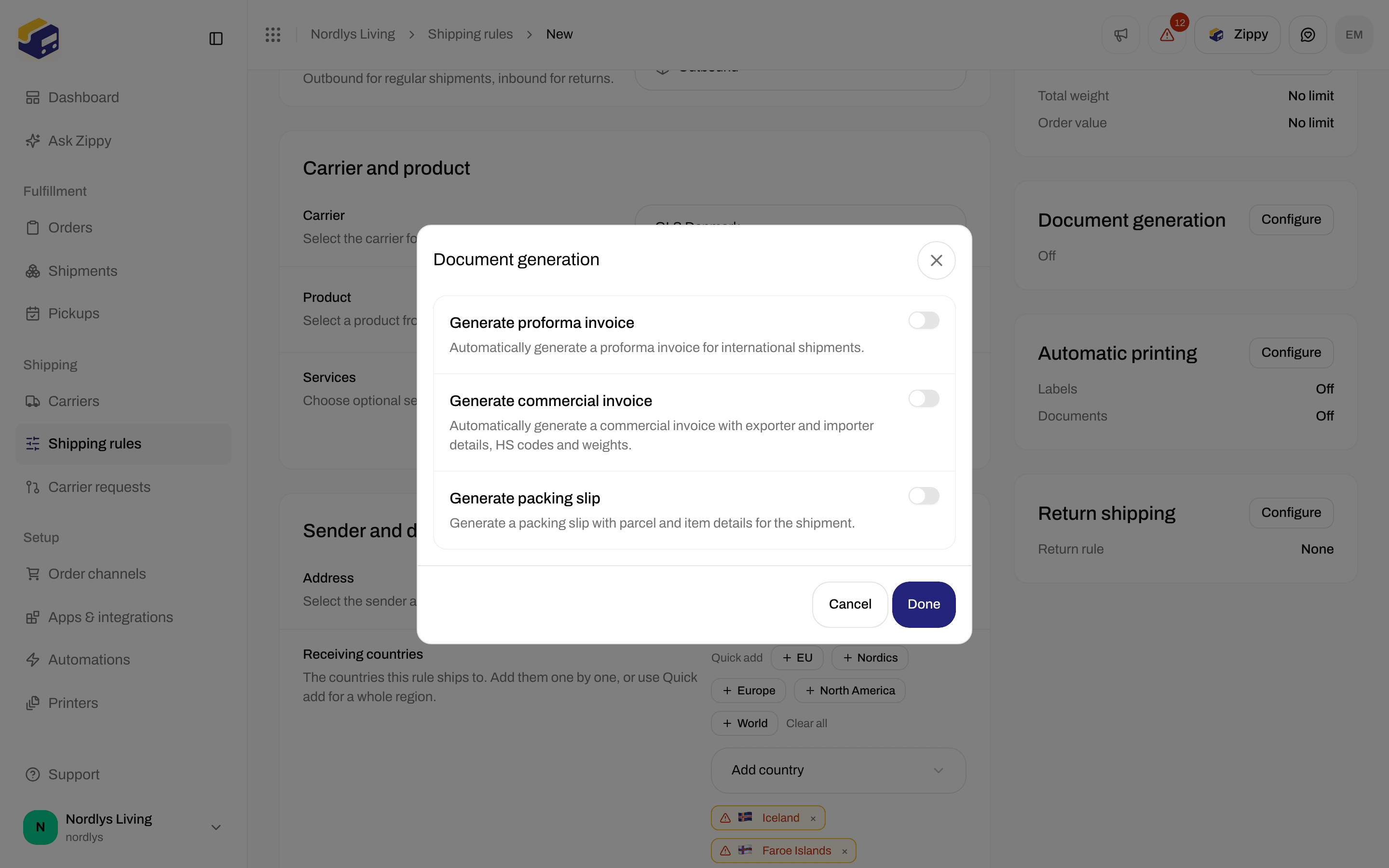 Shipping rule form with the Document generation switches for invoices and the packing slip