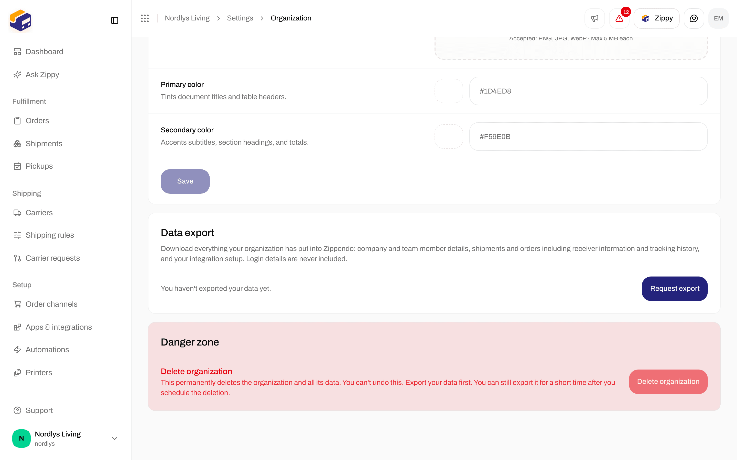 Danger zone with Delete organization heading and a Delete organization button that cannot be clicked