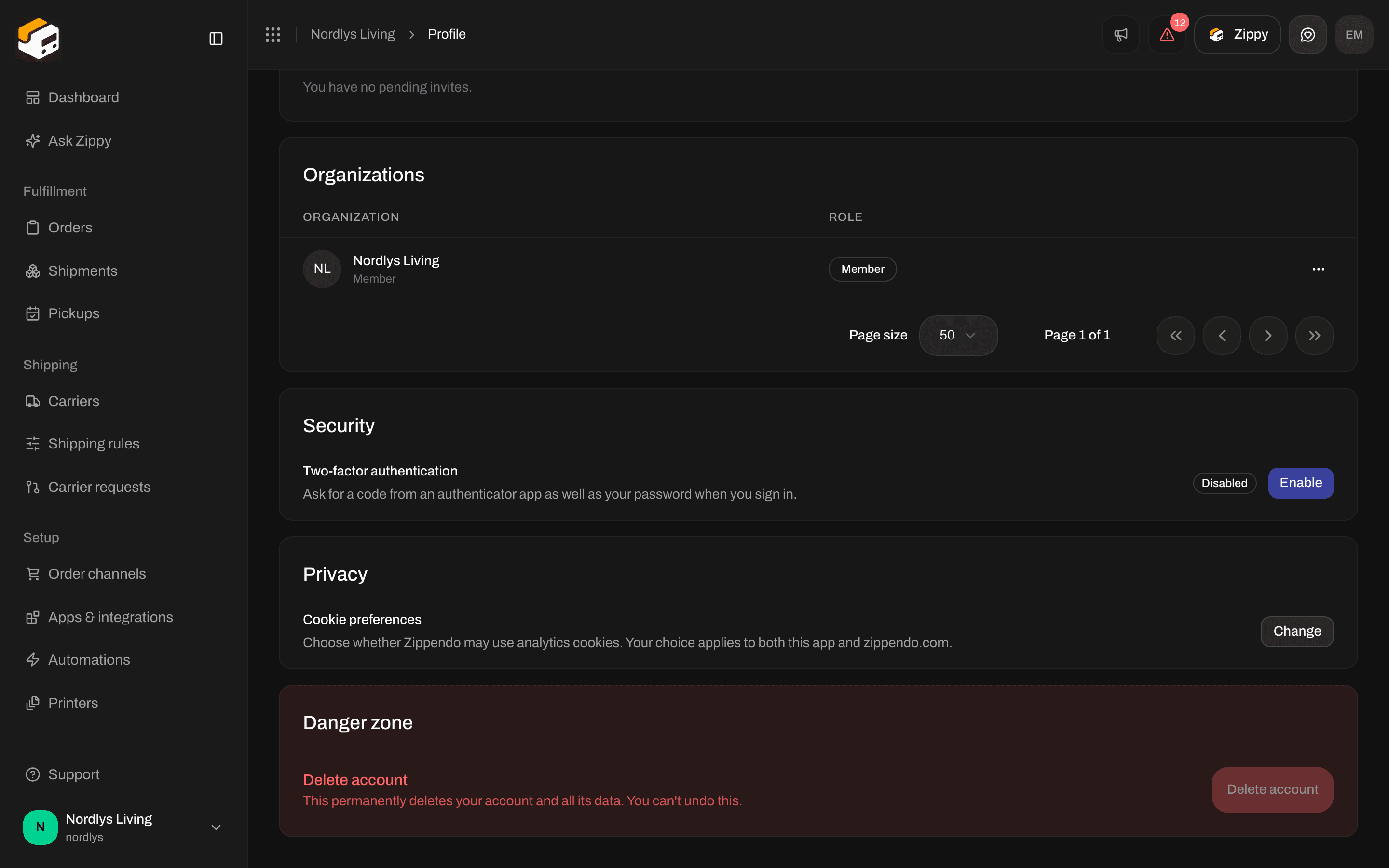 Danger zone with Delete account heading and a Delete account button that cannot be clicked