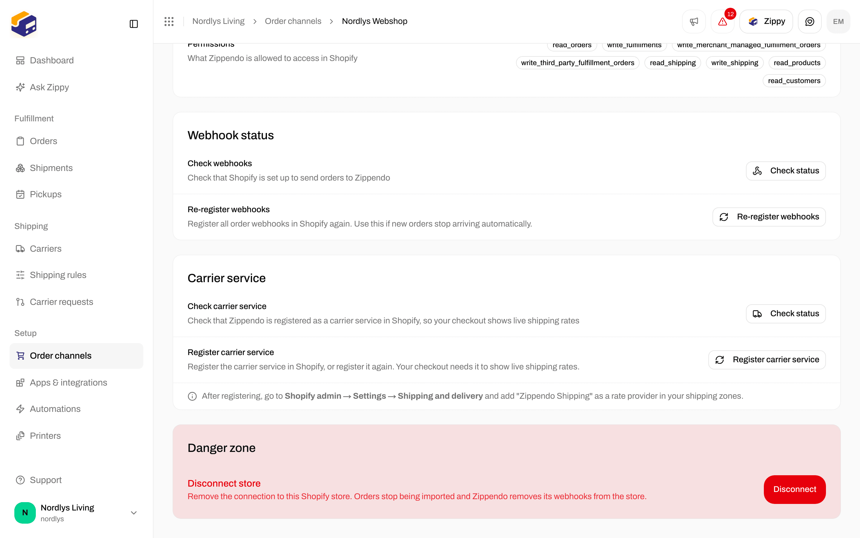 Danger zone with Disconnect store and Disconnect button on a Shopify channel