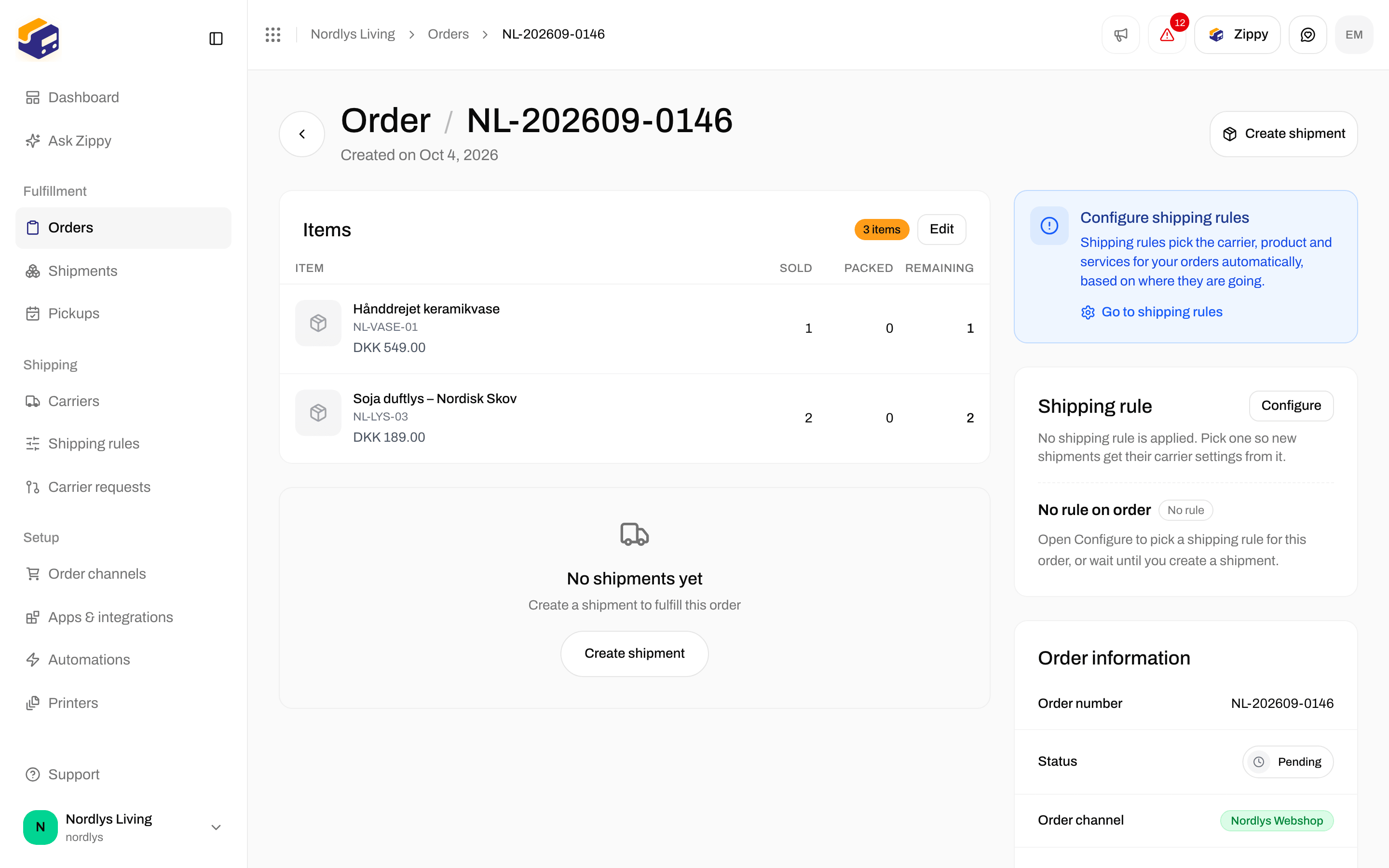 Items card with the item count, Edit, and lines showing sold, packed and remaining quantities