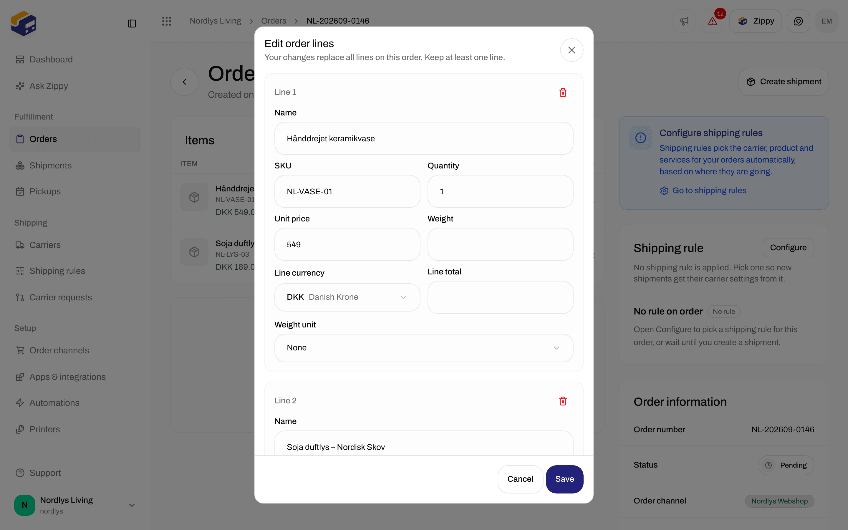 Edit order lines window with Name, SKU, Quantity, Unit price, Weight, Line currency, Line total, Weight unit and Add line