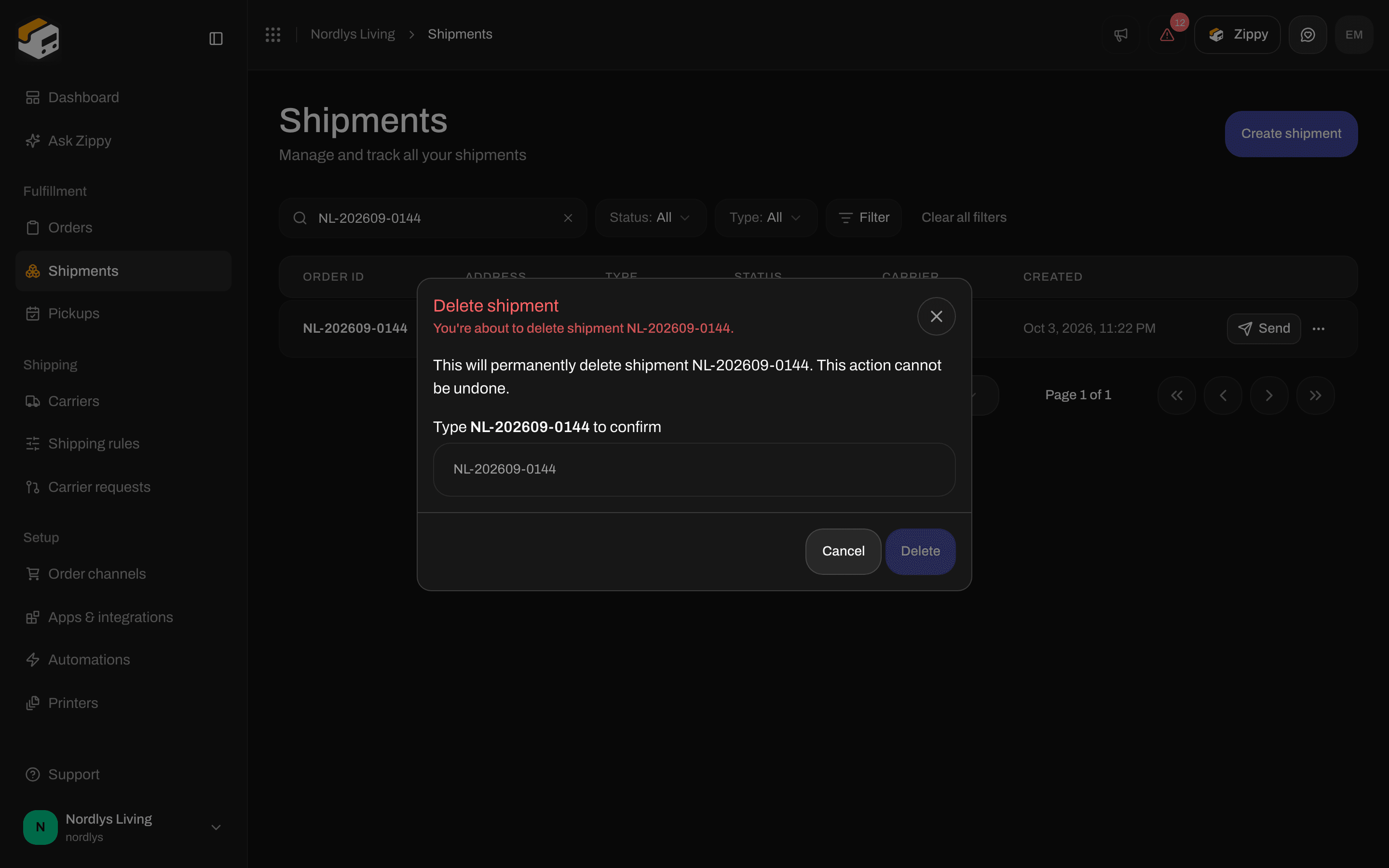 Delete shipment confirmation asking you to type the shipment reference
