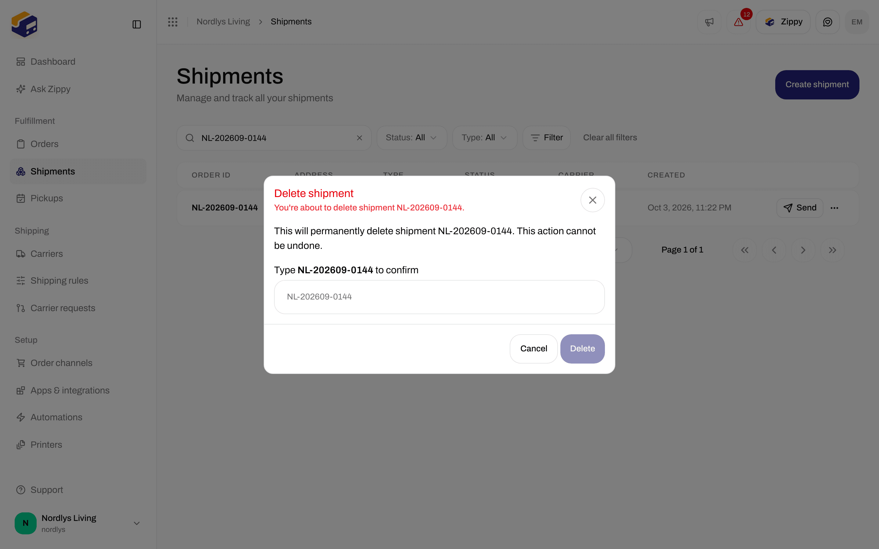 Delete shipment confirmation asking you to type the shipment reference