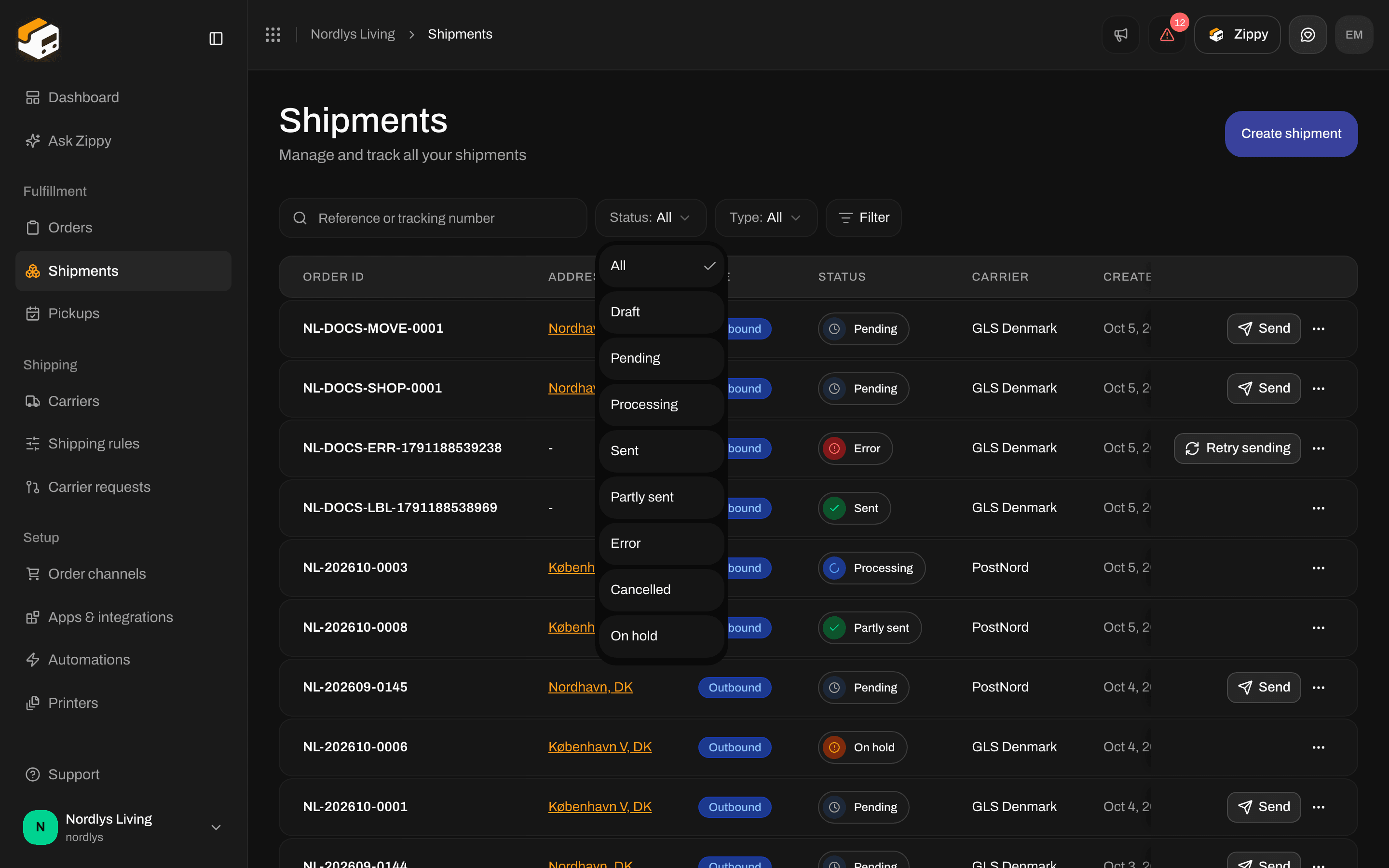 Filters with the Status options, including Cancelled and On hold