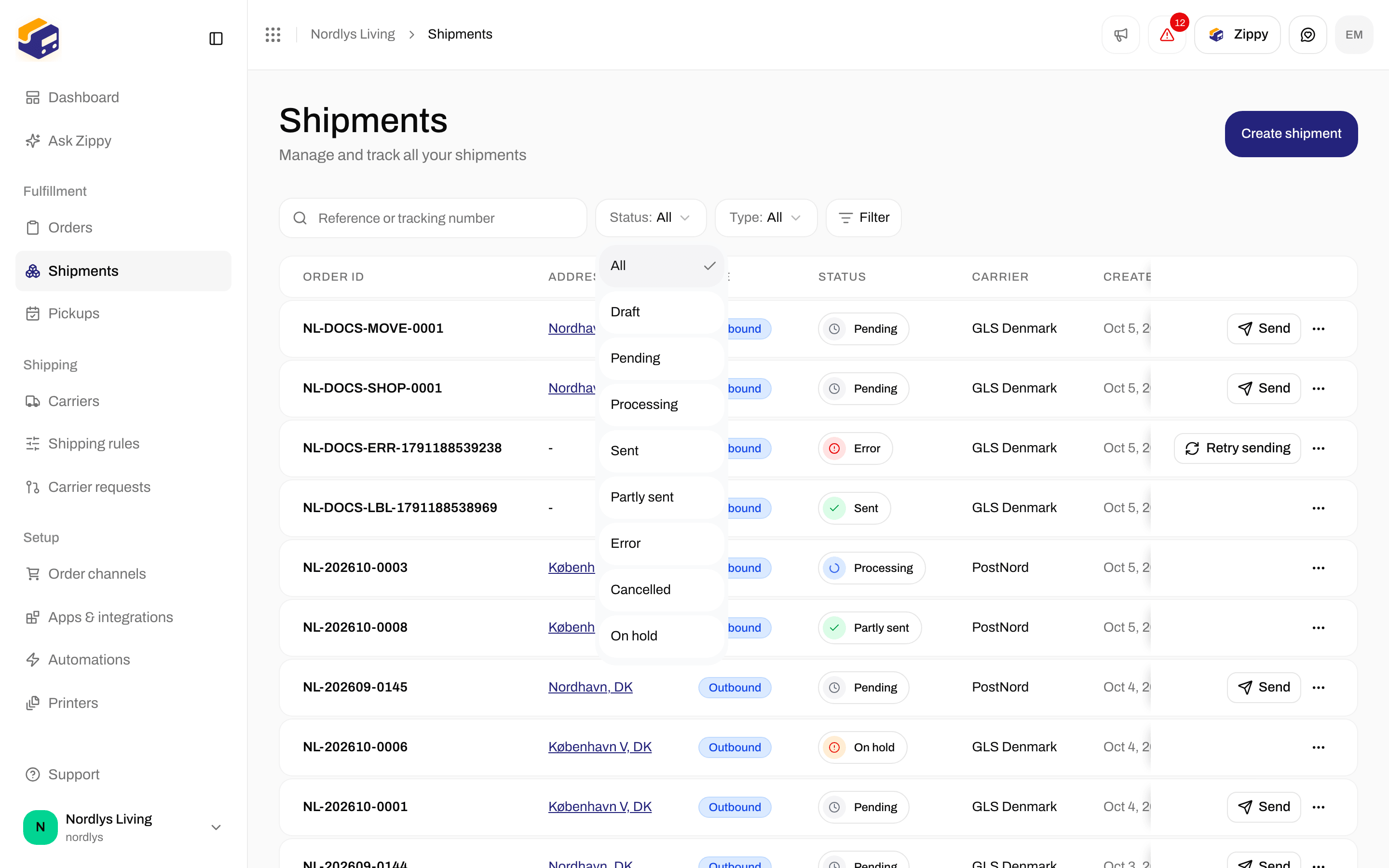 Filters with the Status options, including Cancelled and On hold