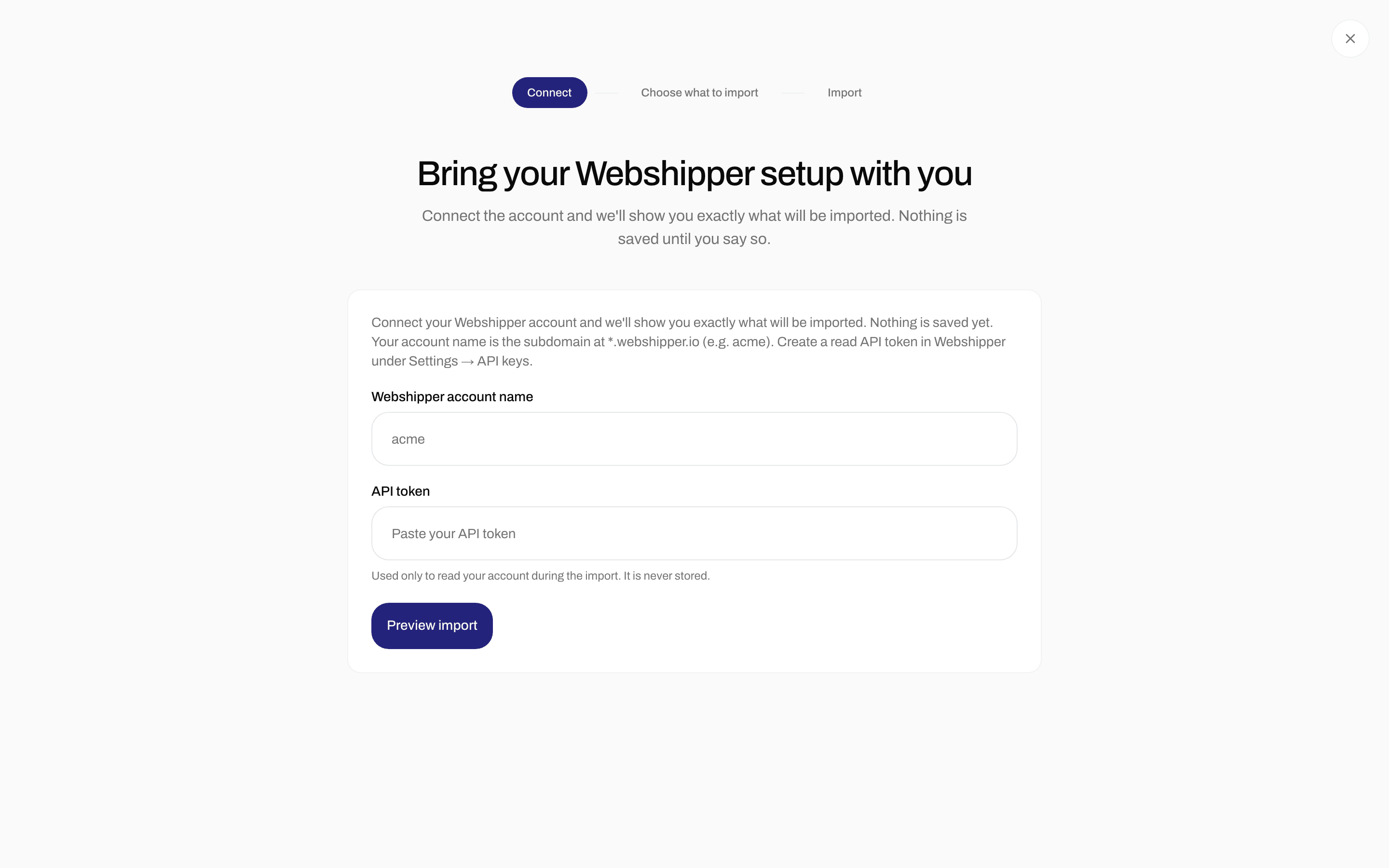 Import form with the Webshipper account name, API token and Preview import