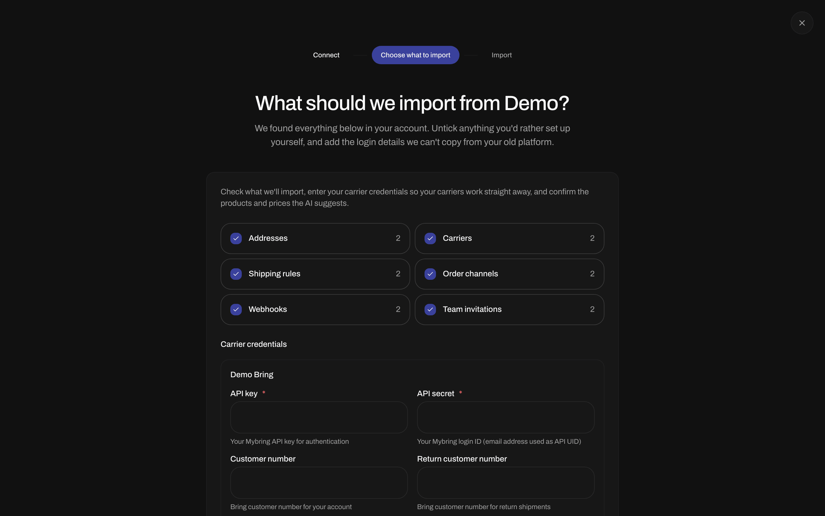Import review with checkboxes for addresses, carriers, shipping rules, order channels, webhooks and team invitations, followed by carrier credential fields