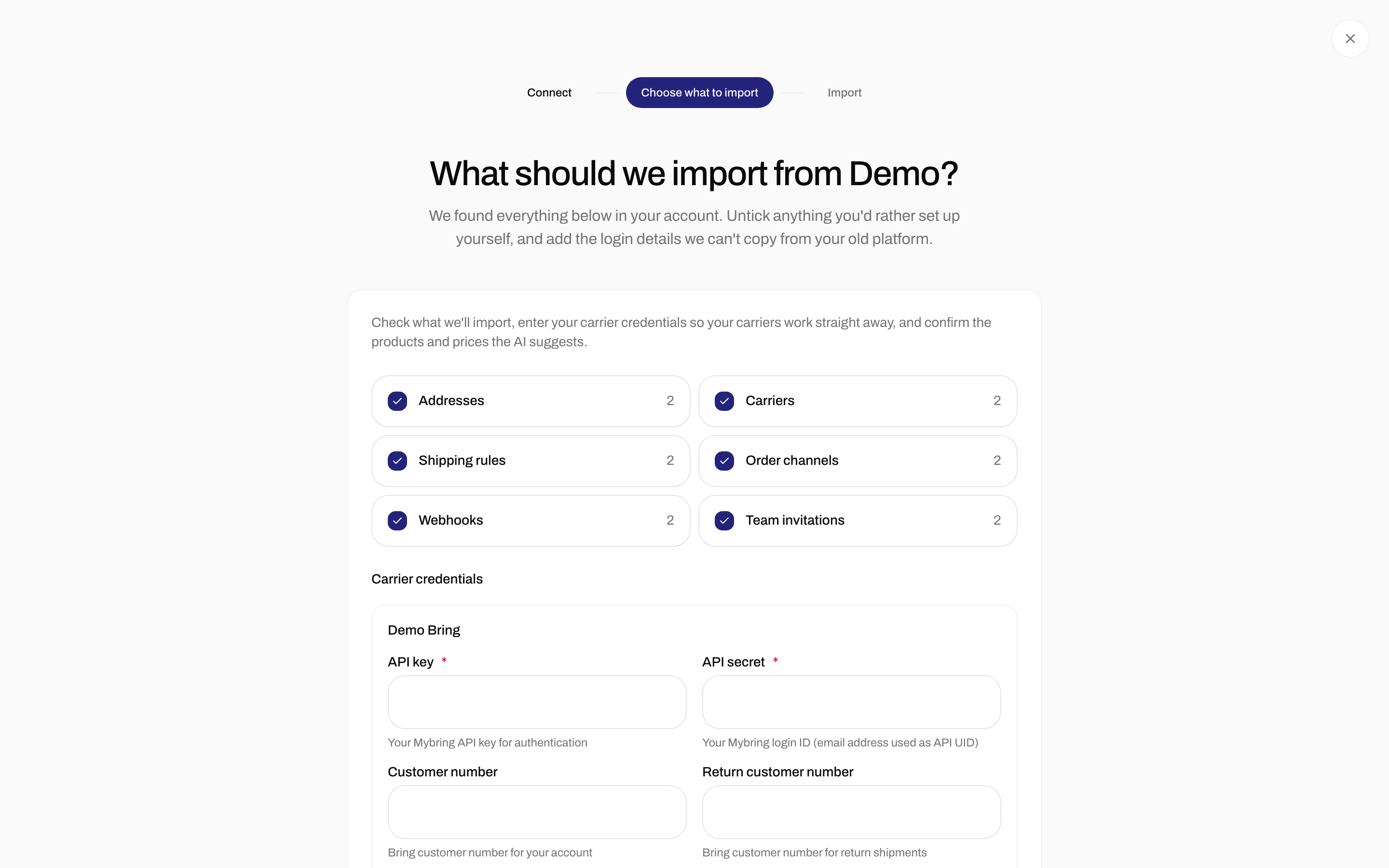 Import review with checkboxes for addresses, carriers, shipping rules, order channels, webhooks and team invitations, followed by carrier credential fields