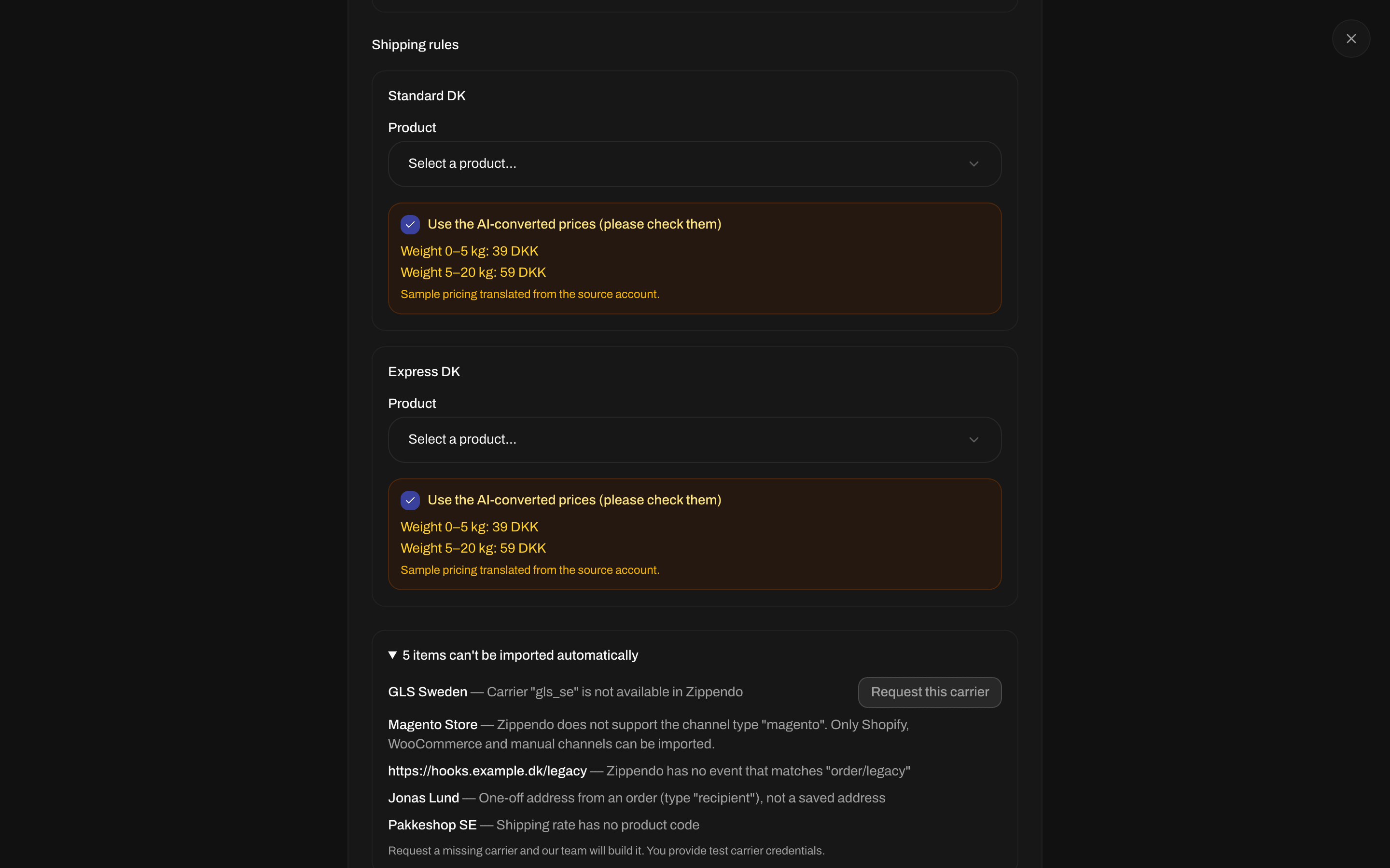 List of items that can't be imported automatically, with a Request this carrier button