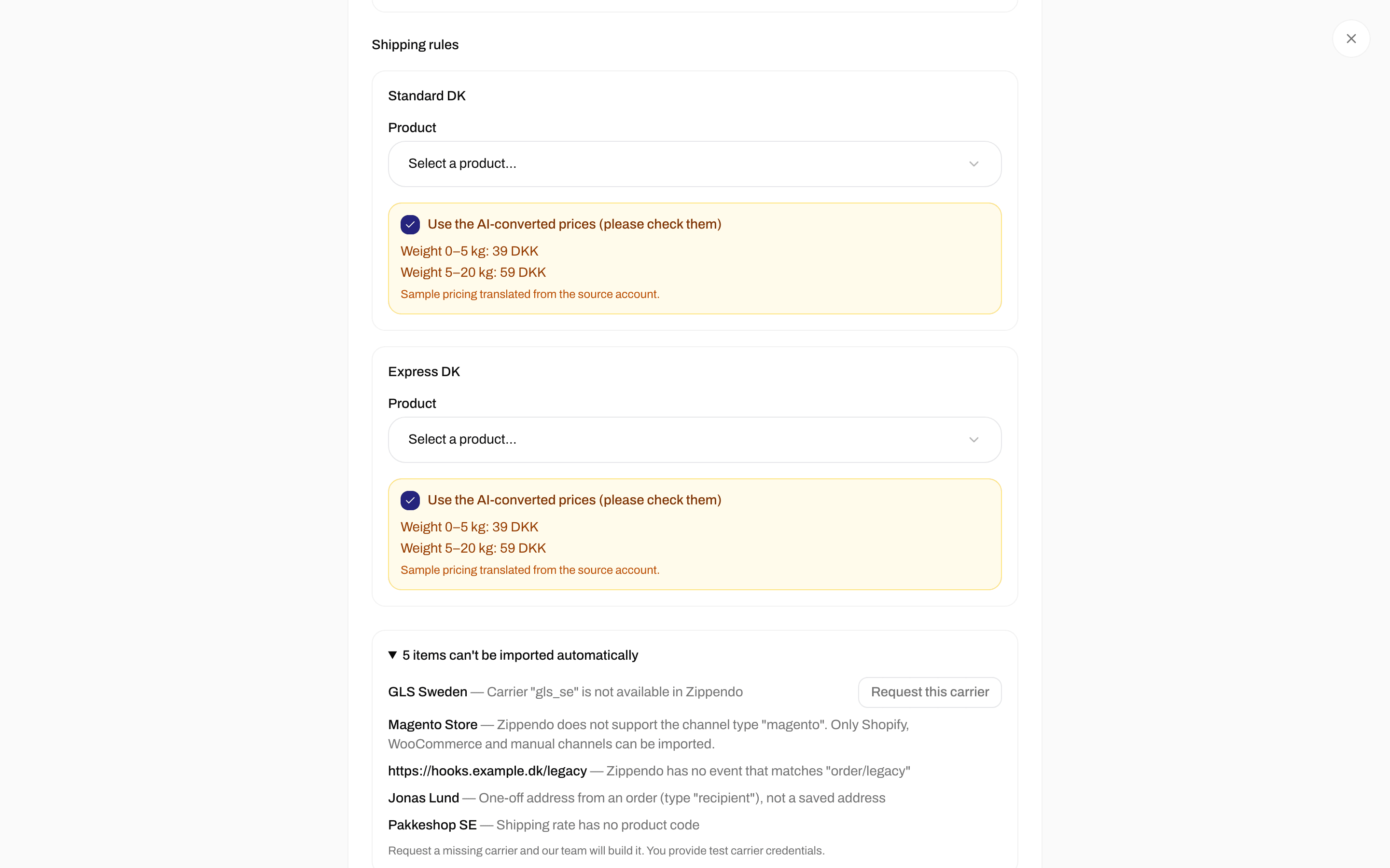 List of items that can't be imported automatically, with a Request this carrier button