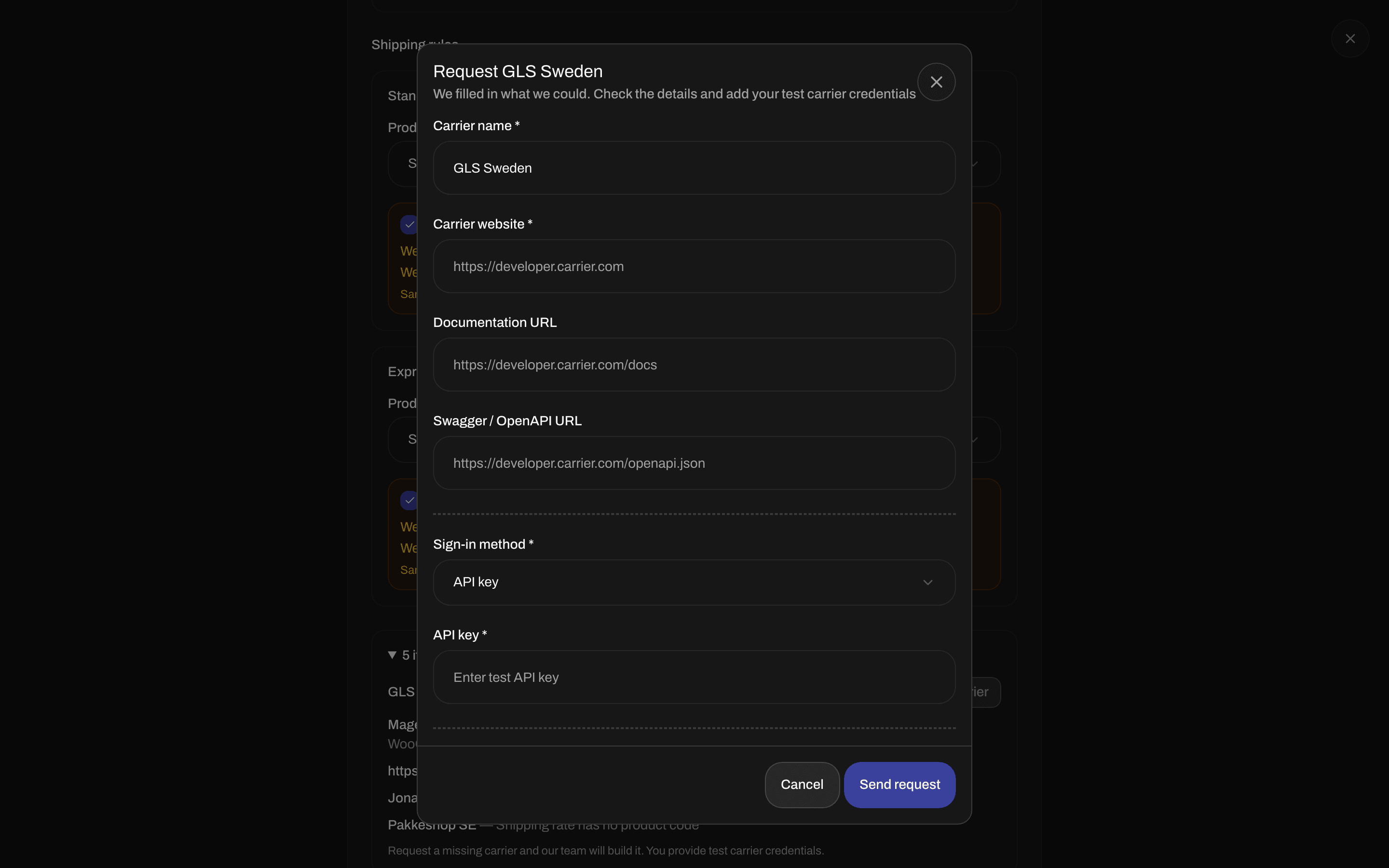 Request carrier window with Carrier name, Carrier website, Documentation URL, Sign-in method, and Send request