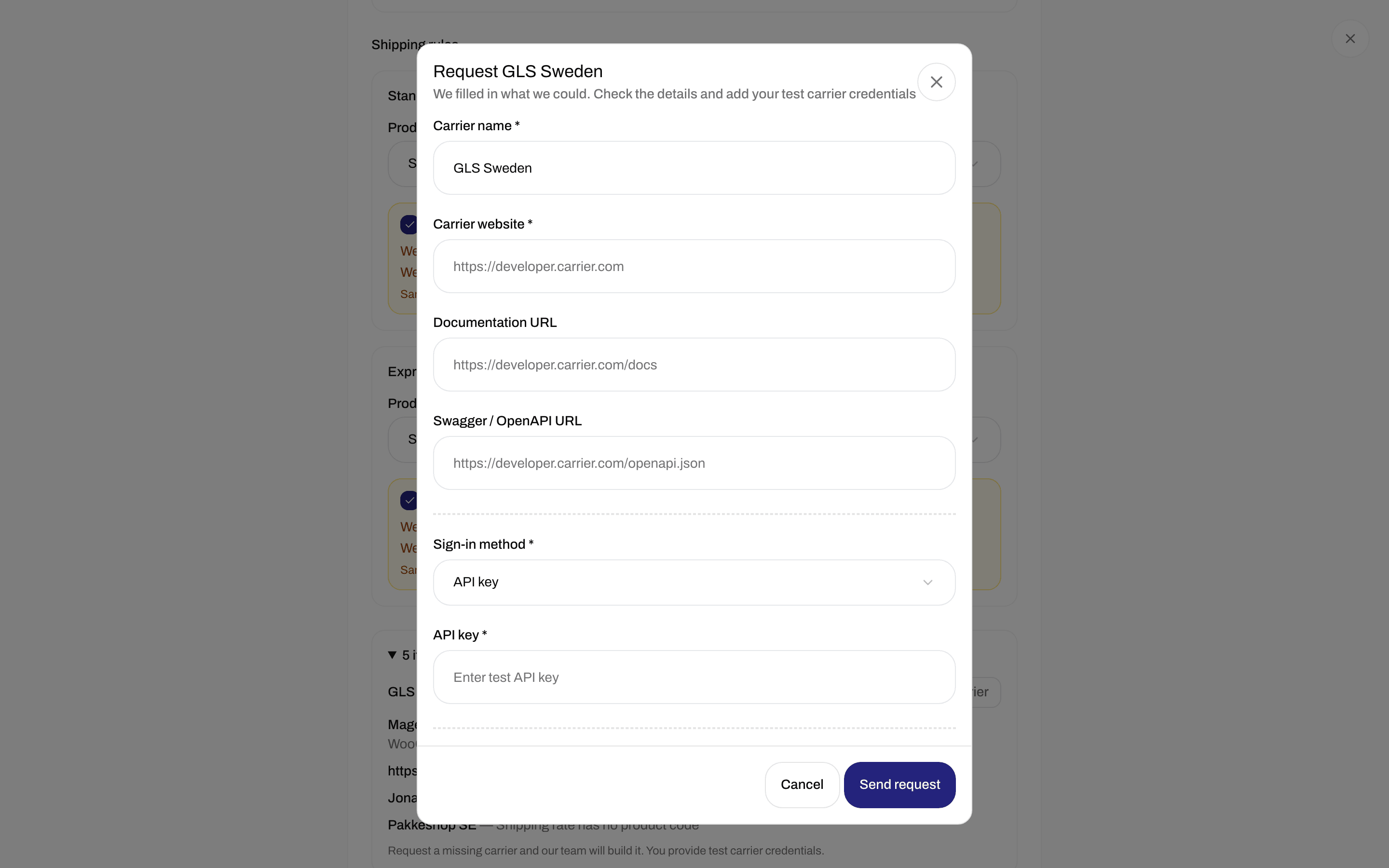 Request carrier window with Carrier name, Carrier website, Documentation URL, Sign-in method, and Send request