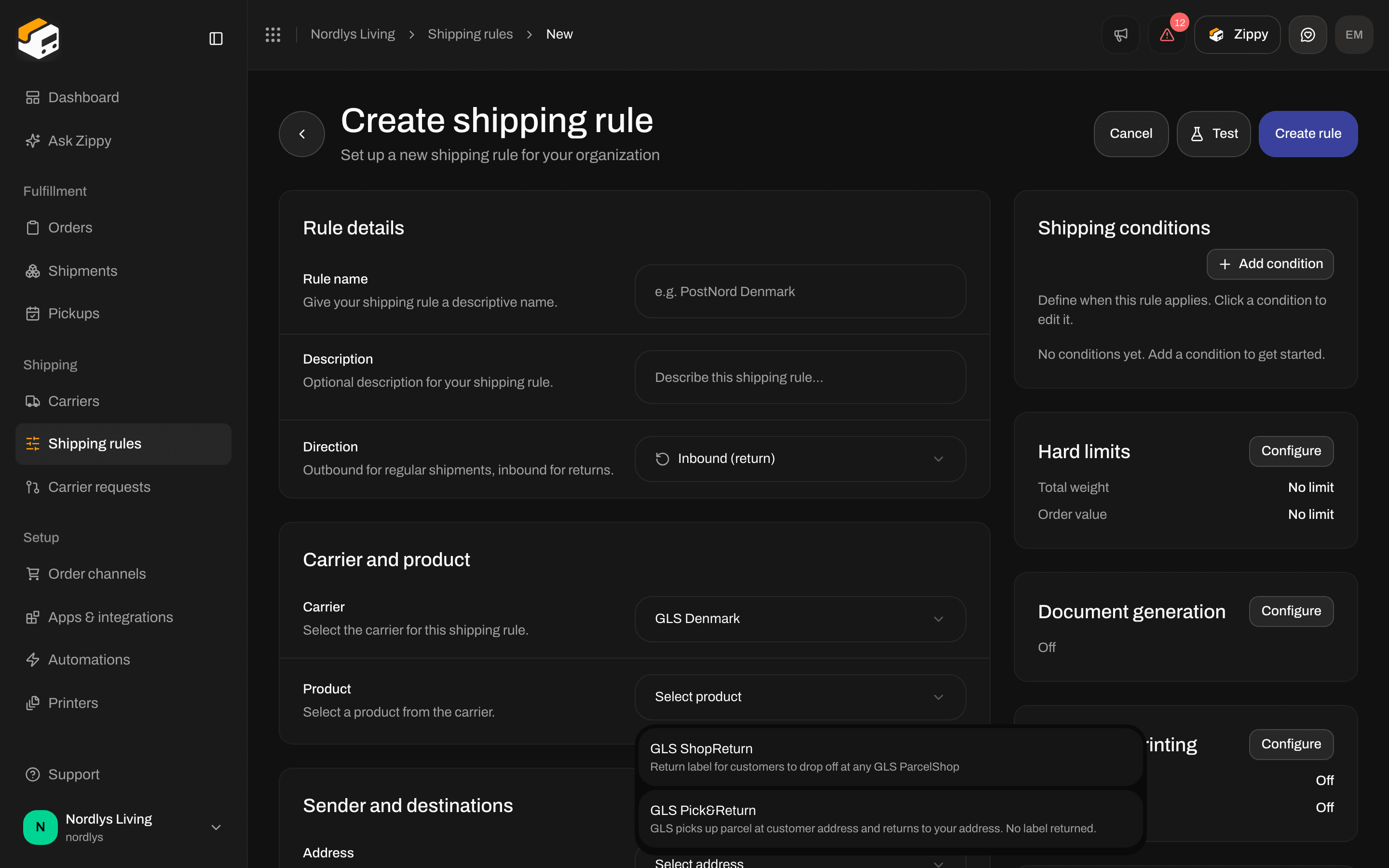 Product list showing GLS ShopReturn and GLS Pick&Return for a return rule