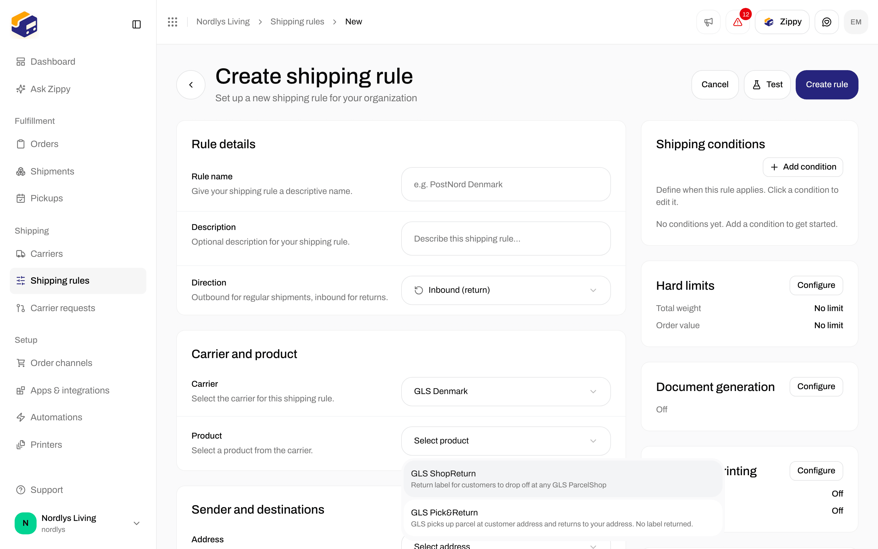 Product list showing GLS ShopReturn and GLS Pick&Return for a return rule