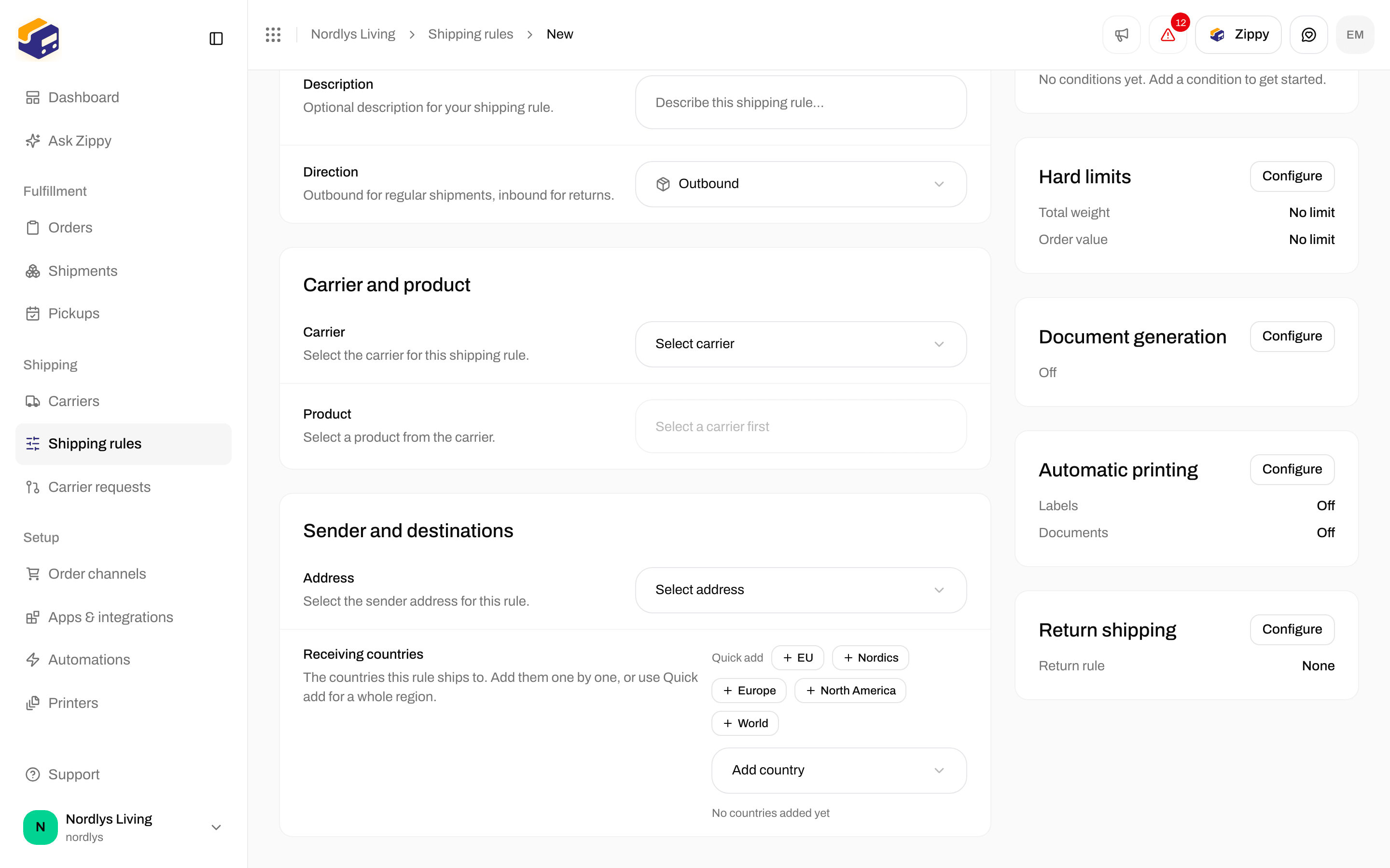 Return shipping section with Return shipping rule set to None