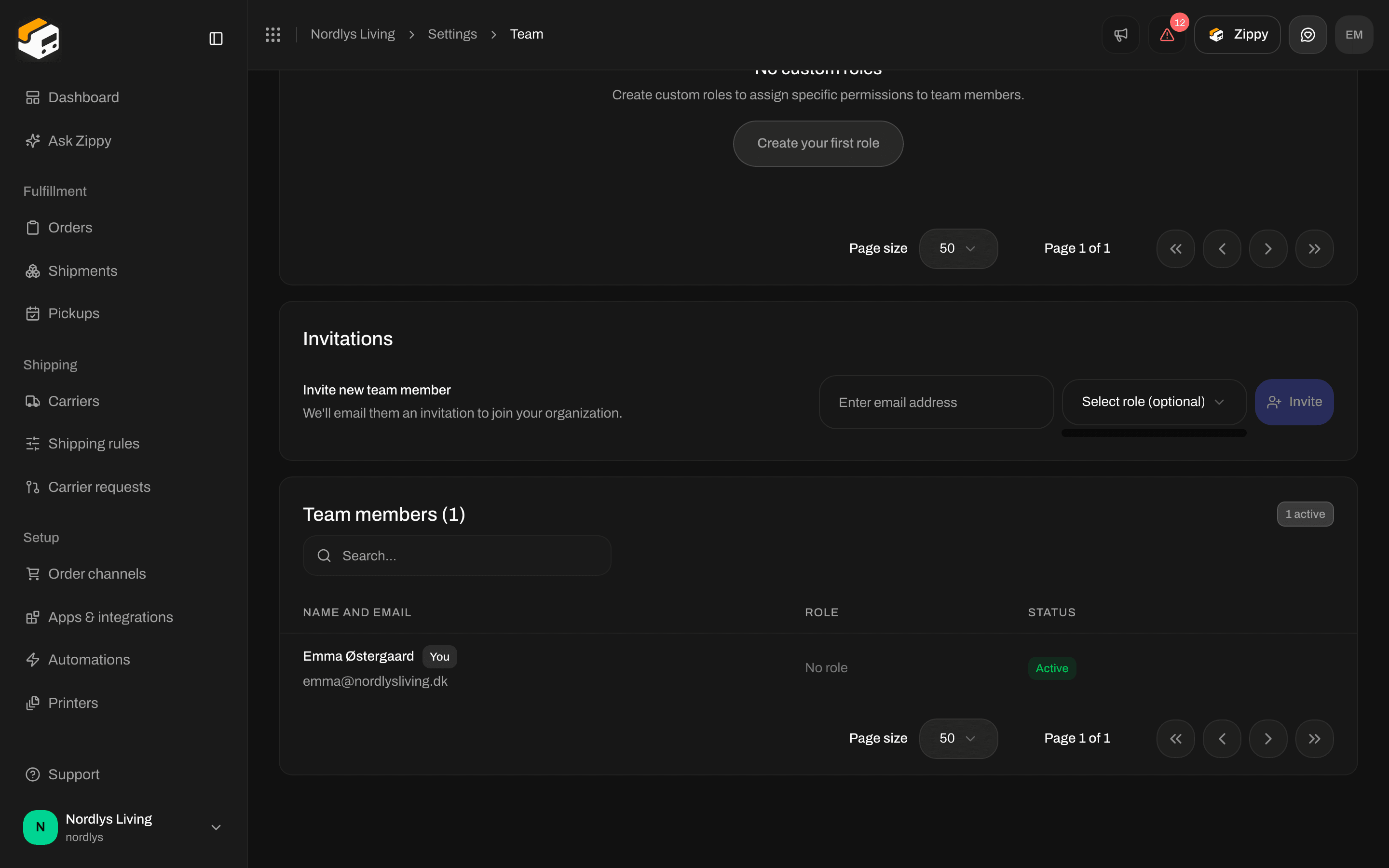 Invite new team member row with the Select role list open and no custom roles yet