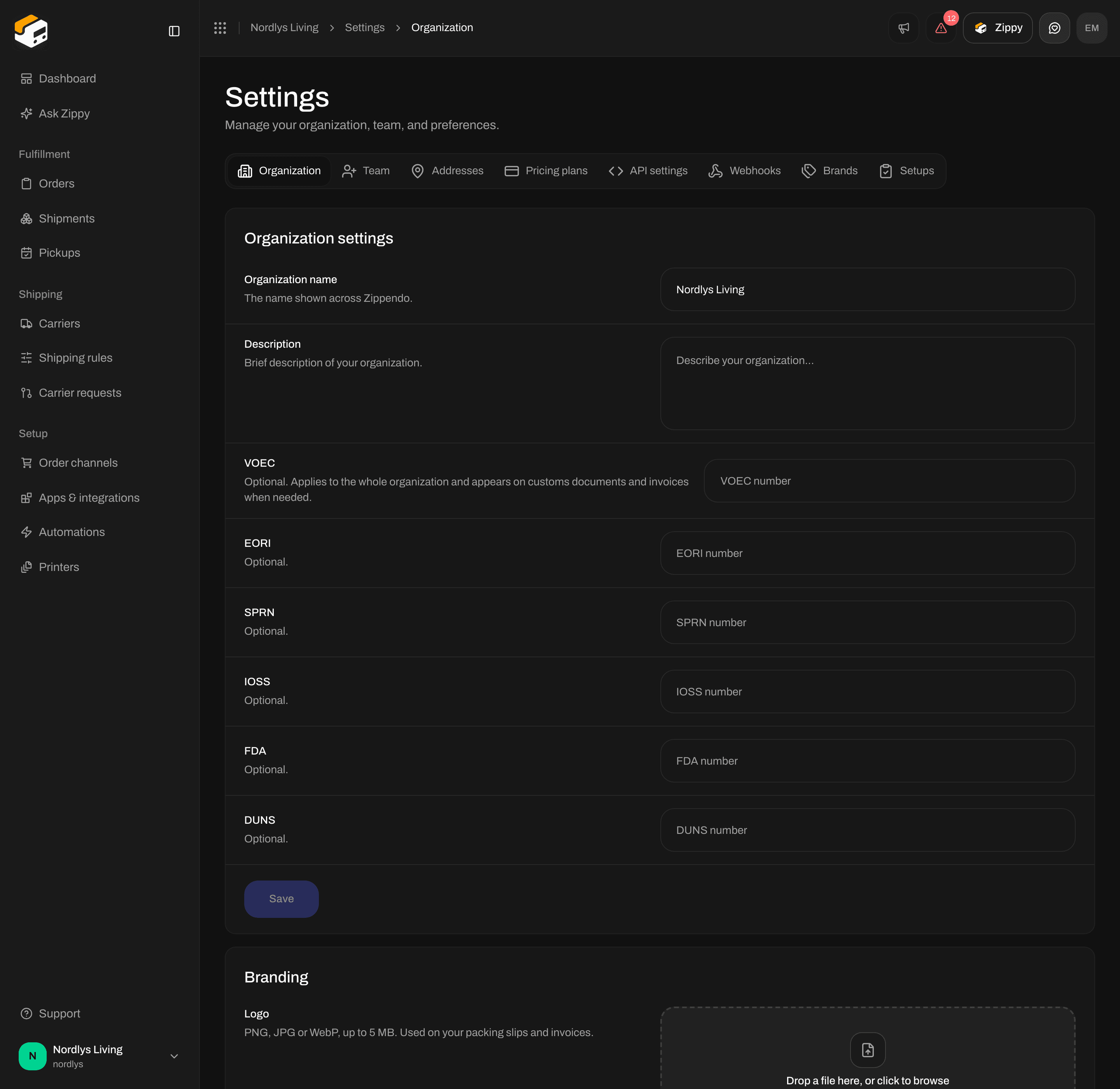 Organization settings with the customs fields VOEC through DUNS and Save