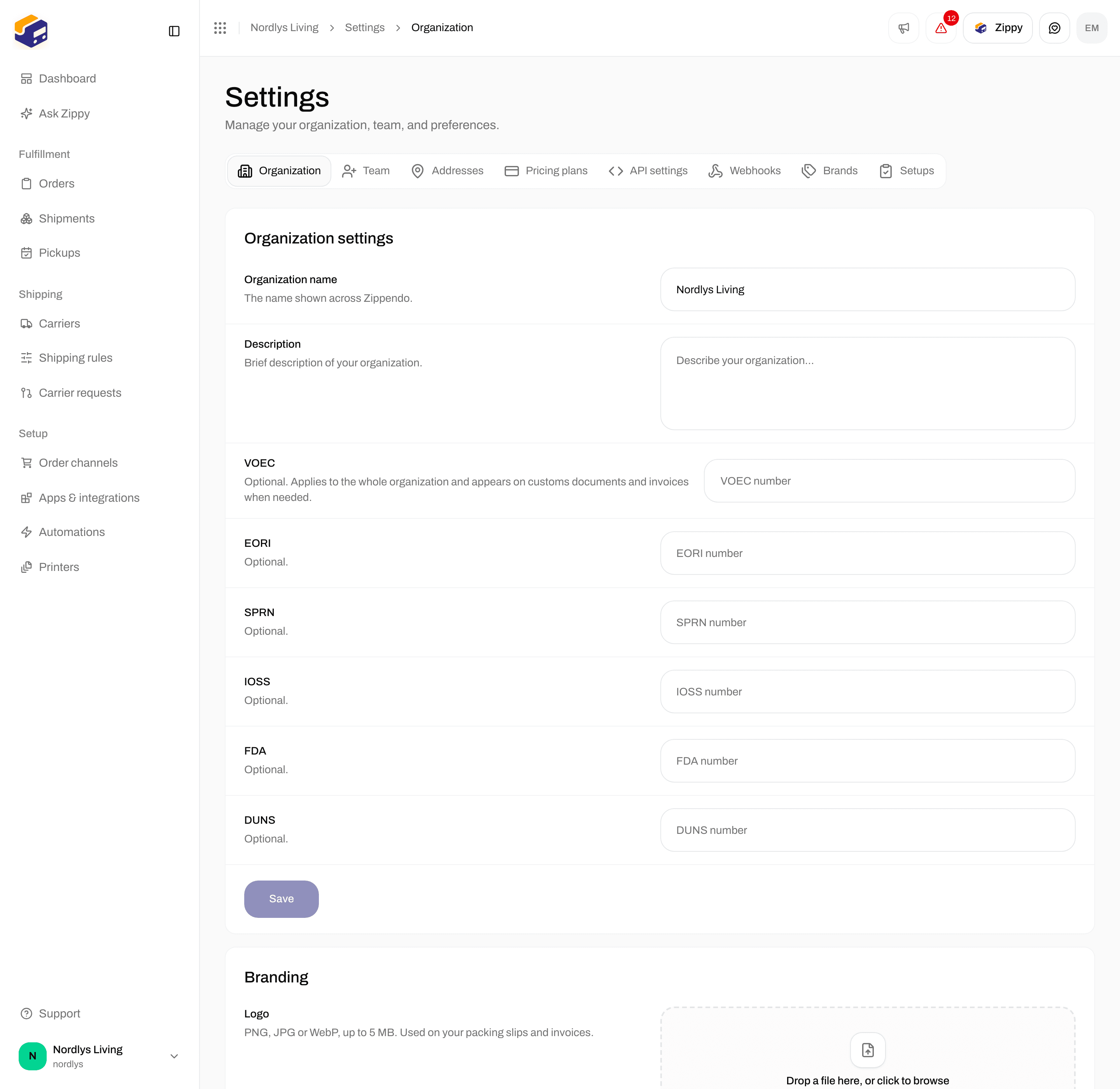 Organization settings with the customs fields VOEC through DUNS and Save