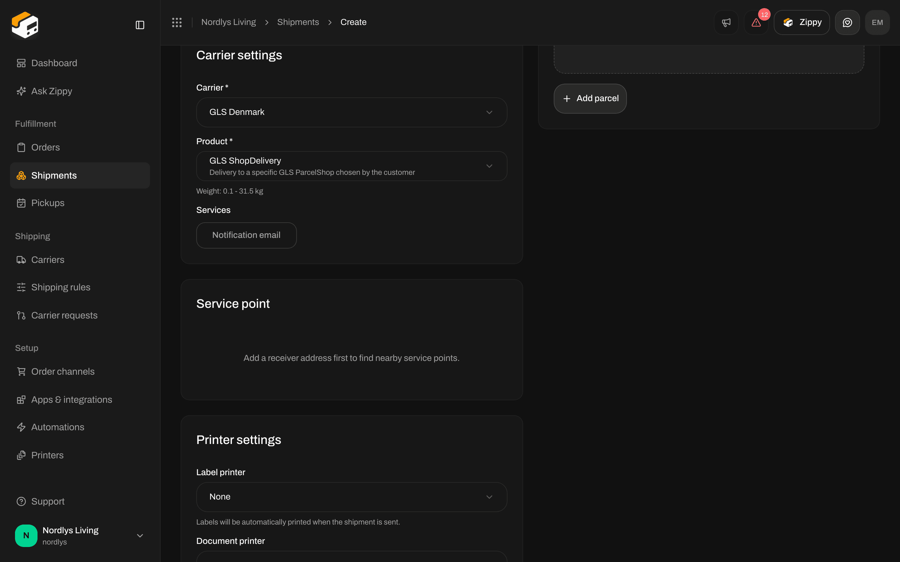 Create shipment with GLS ShopDelivery selected and the Service point card asking for a receiver address first
