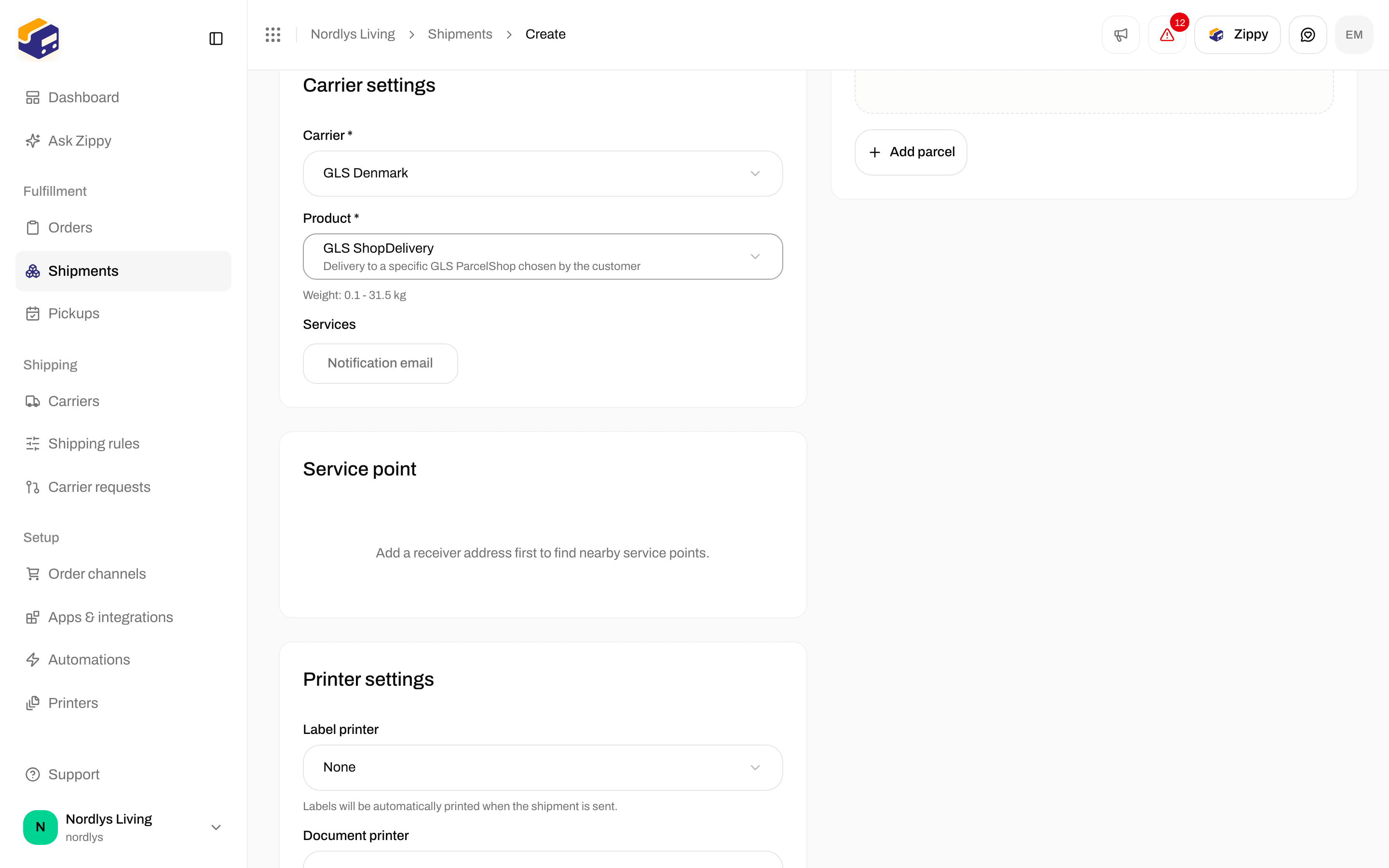 Create shipment with GLS ShopDelivery selected and the Service point card asking for a receiver address first