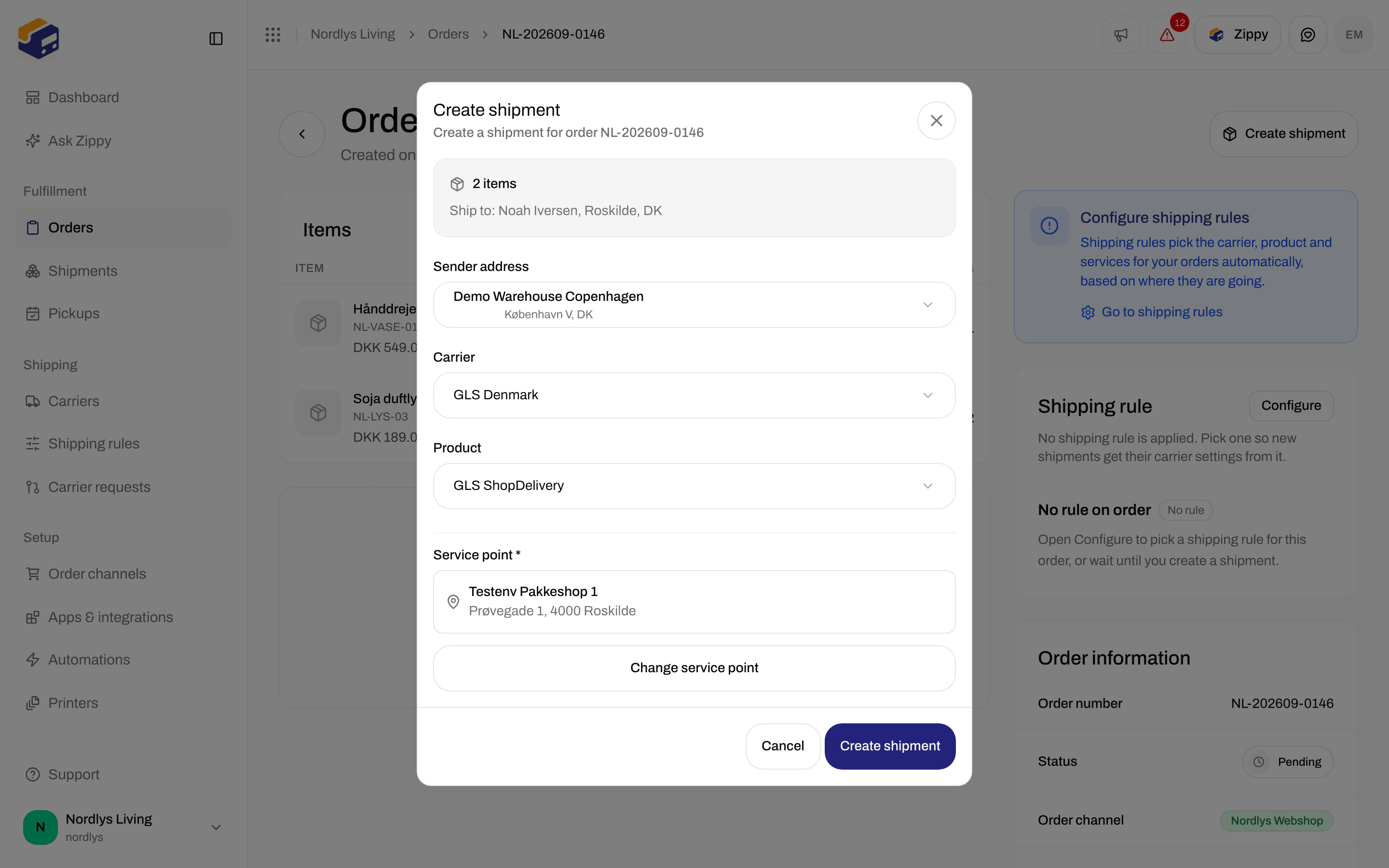 Create shipment window with GLS ShopDelivery and a required Service point