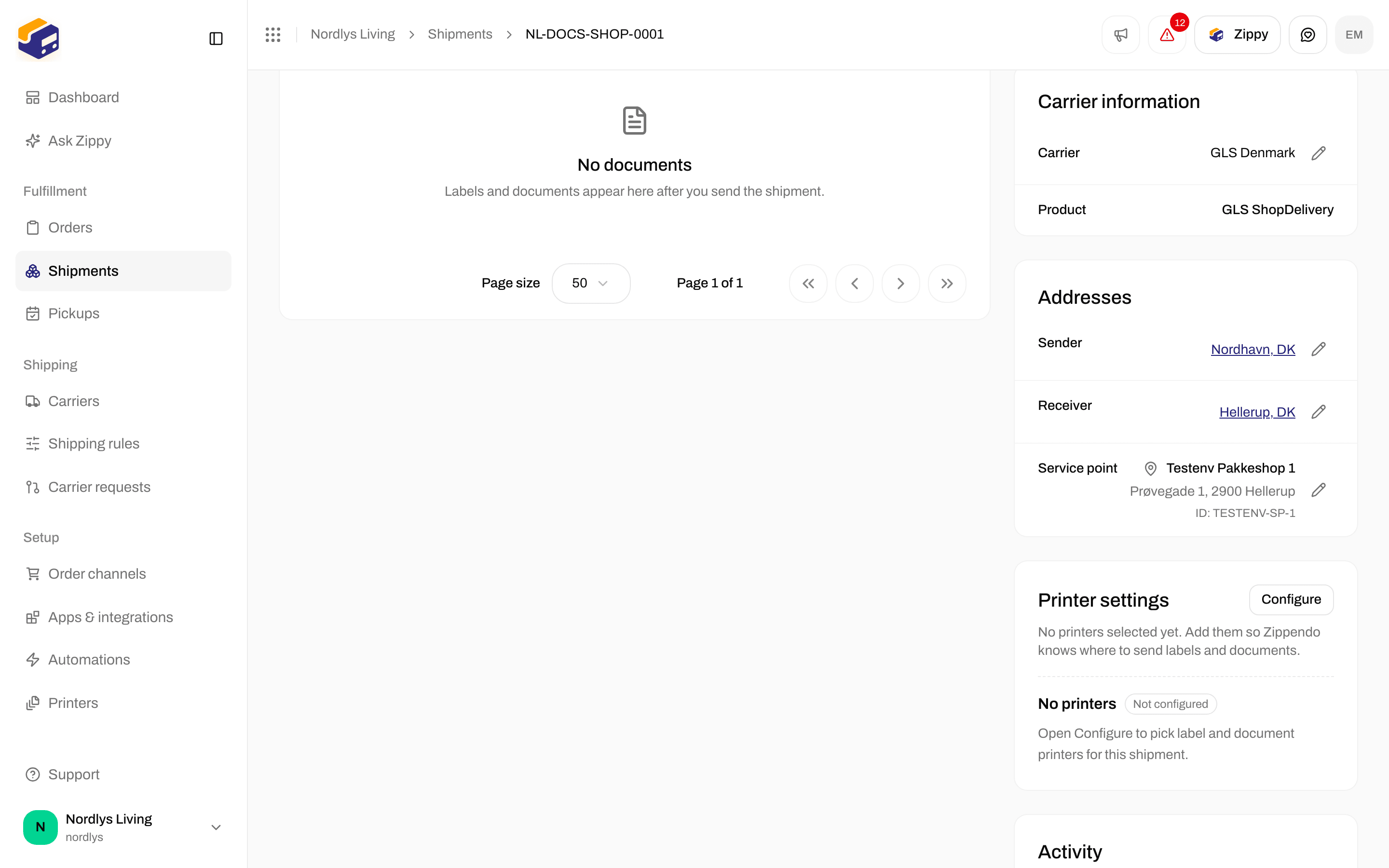Shipment Addresses section showing Sender, Receiver and Service point with a pencil to edit