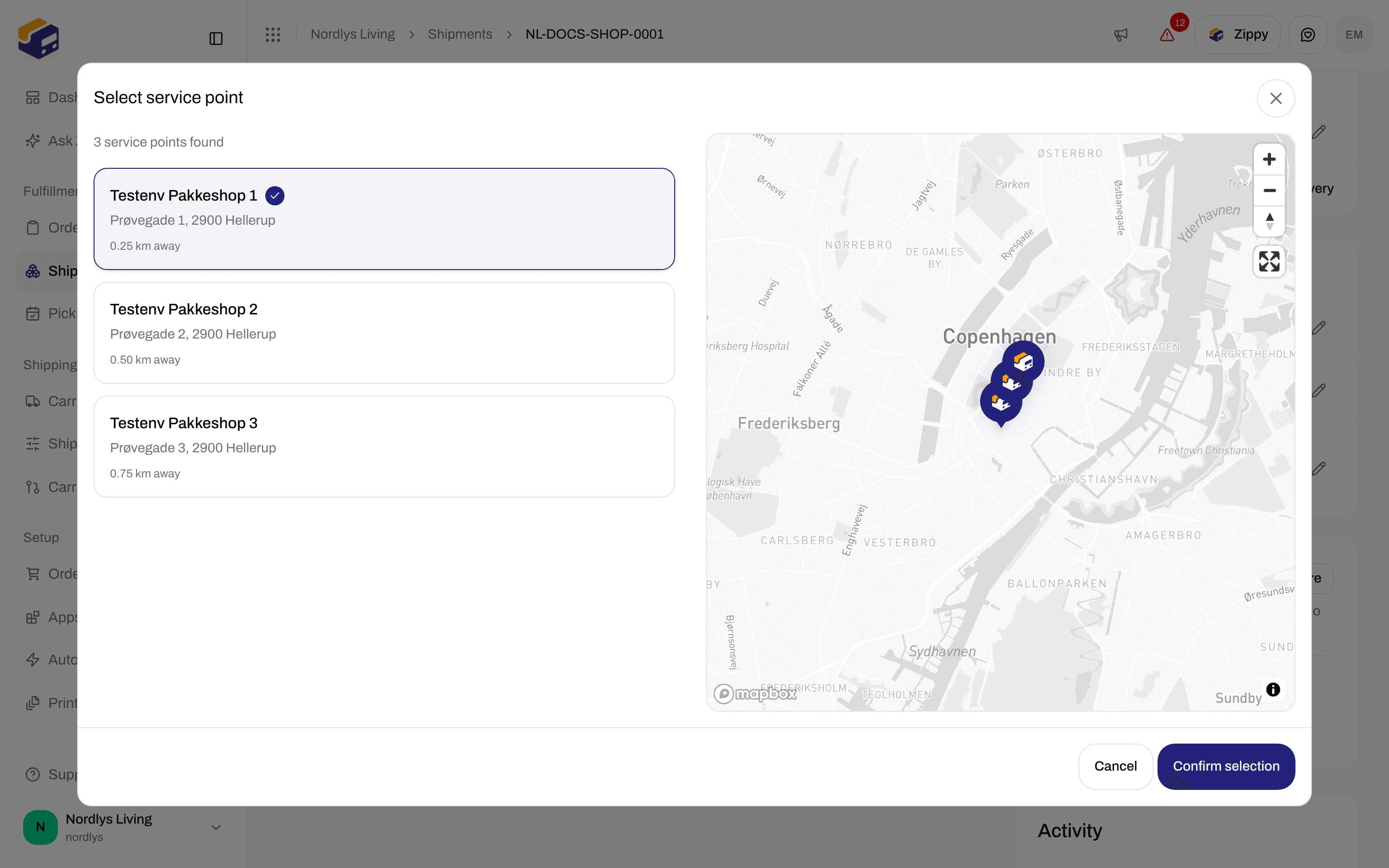 Select service point window opened from the shipment Addresses section to change the service point