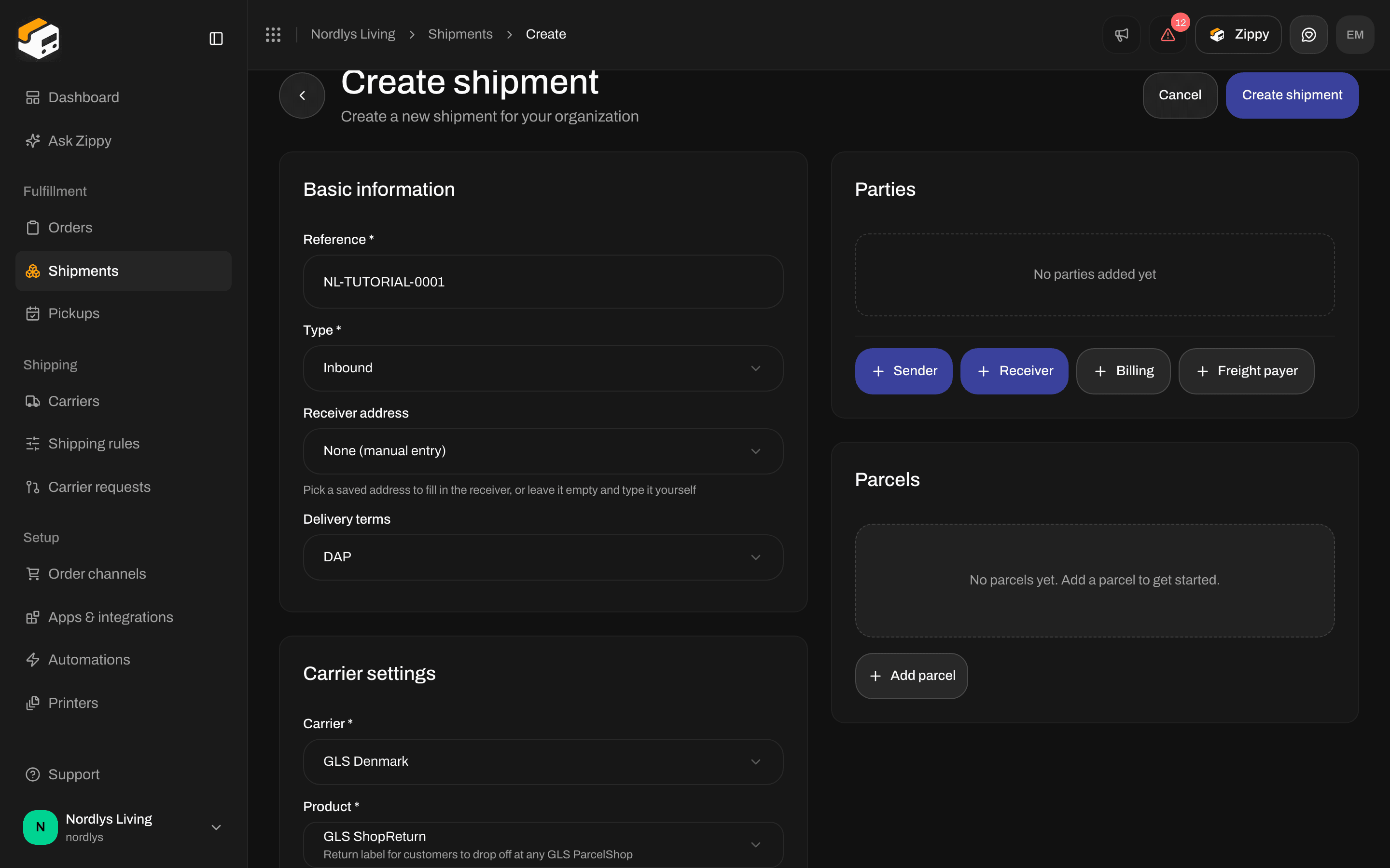Create shipment with Type Inbound and GLS ShopReturn selected, with Carrier settings and no Service point card