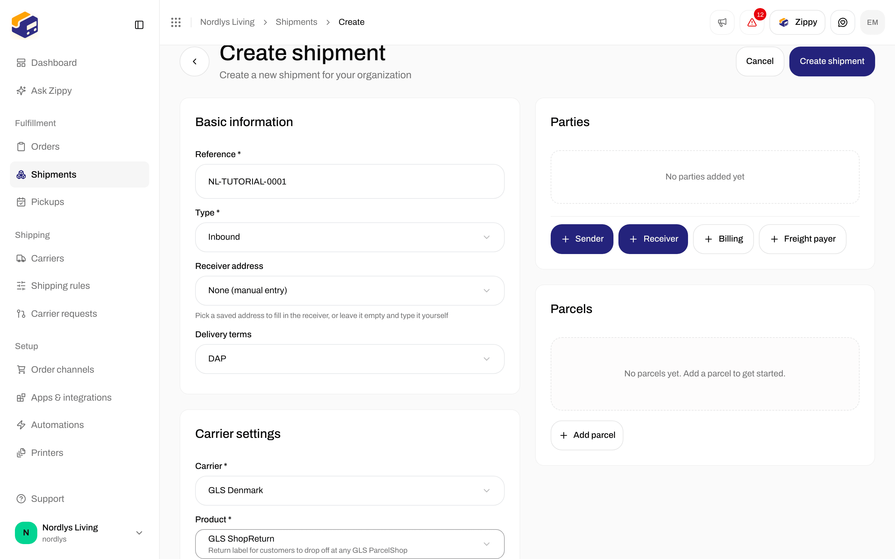 Create shipment with Type Inbound and GLS ShopReturn selected, with Carrier settings and no Service point card