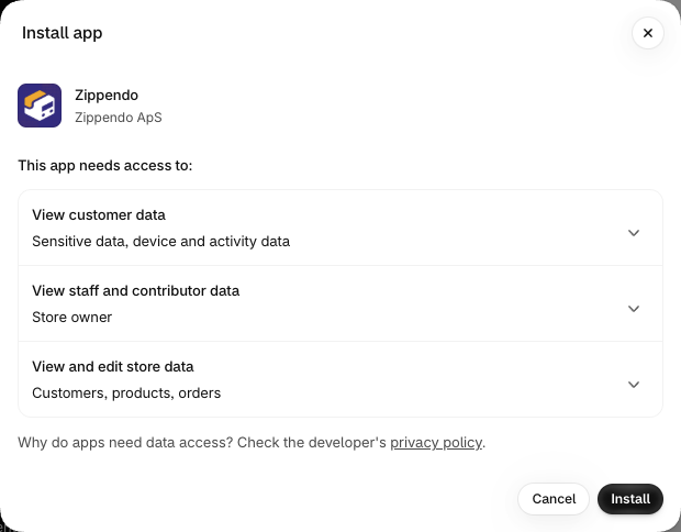 Vinduet Install app for Zippendo af Zippendo ApS med en liste over de butiksdata, appen kan se og redigere, og knapperne Cancel og Install