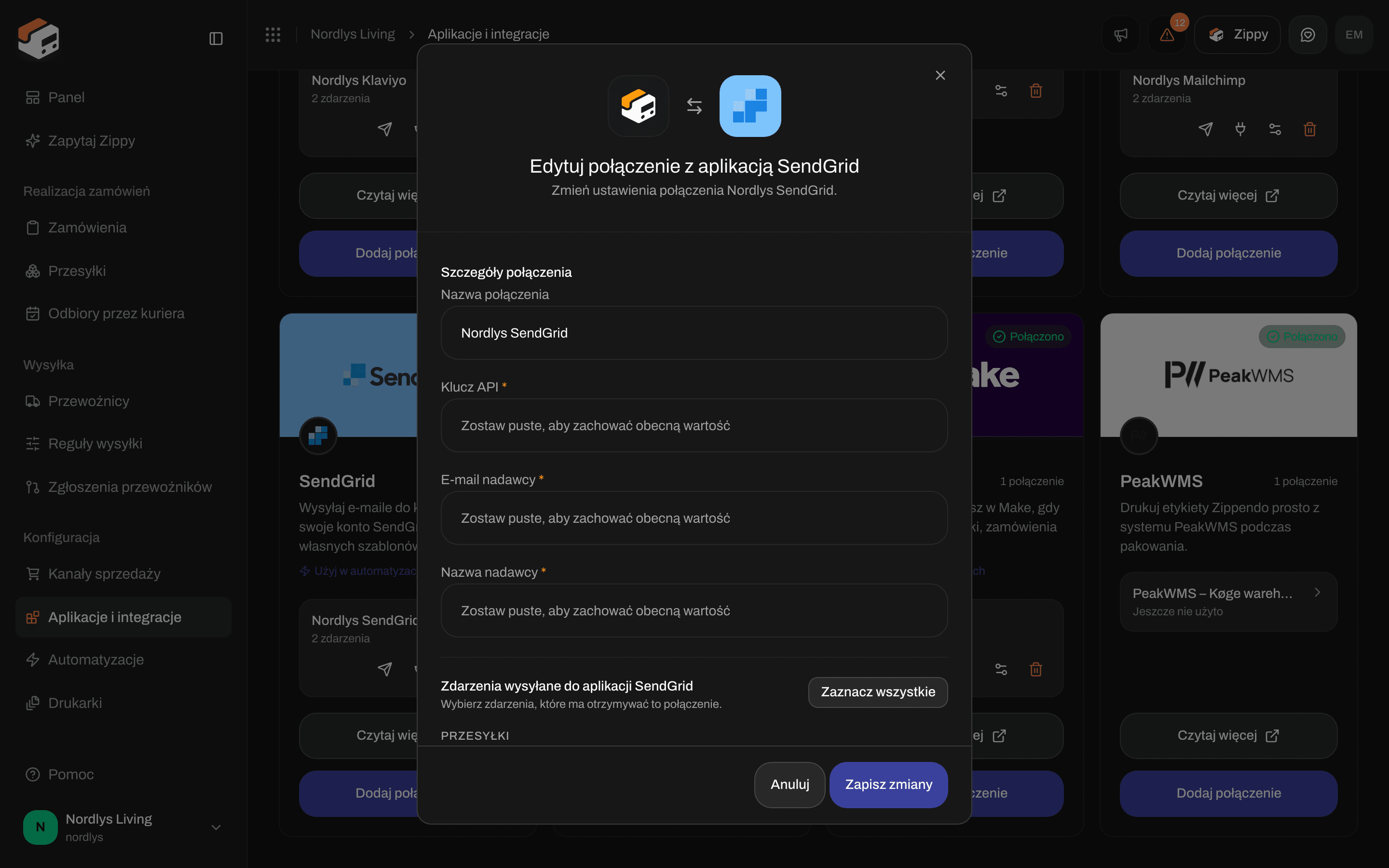 Okno edycji połączenia SendGrid z nazwą połączenia, pustymi polami Klucz API, E-mail nadawcy i Nazwa nadawcy oraz zdarzeniami