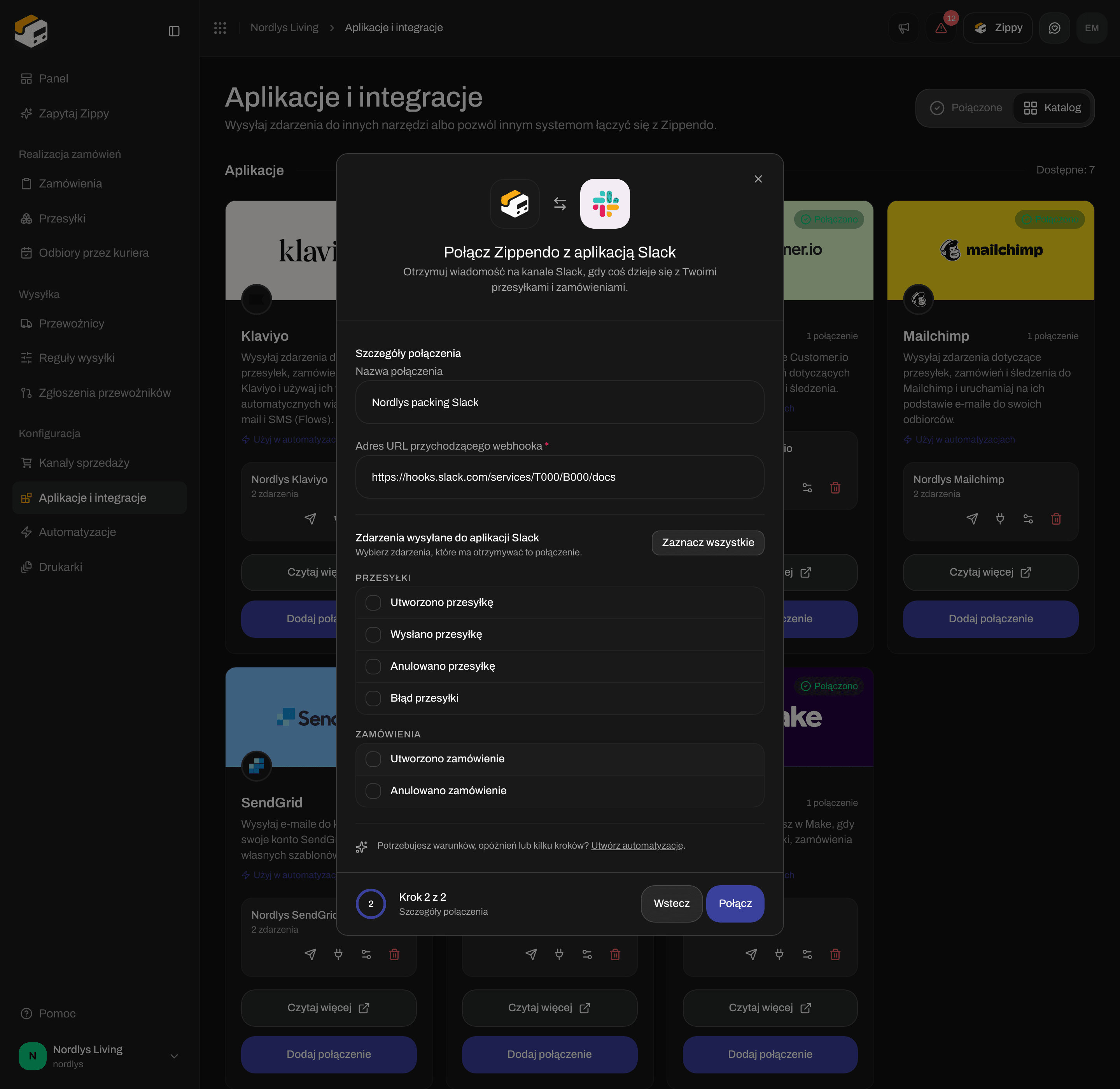 Okno połączenia ze Slackiem z nazwą połączenia, adresem URL Incoming Webhook i polami wyboru zdarzeń