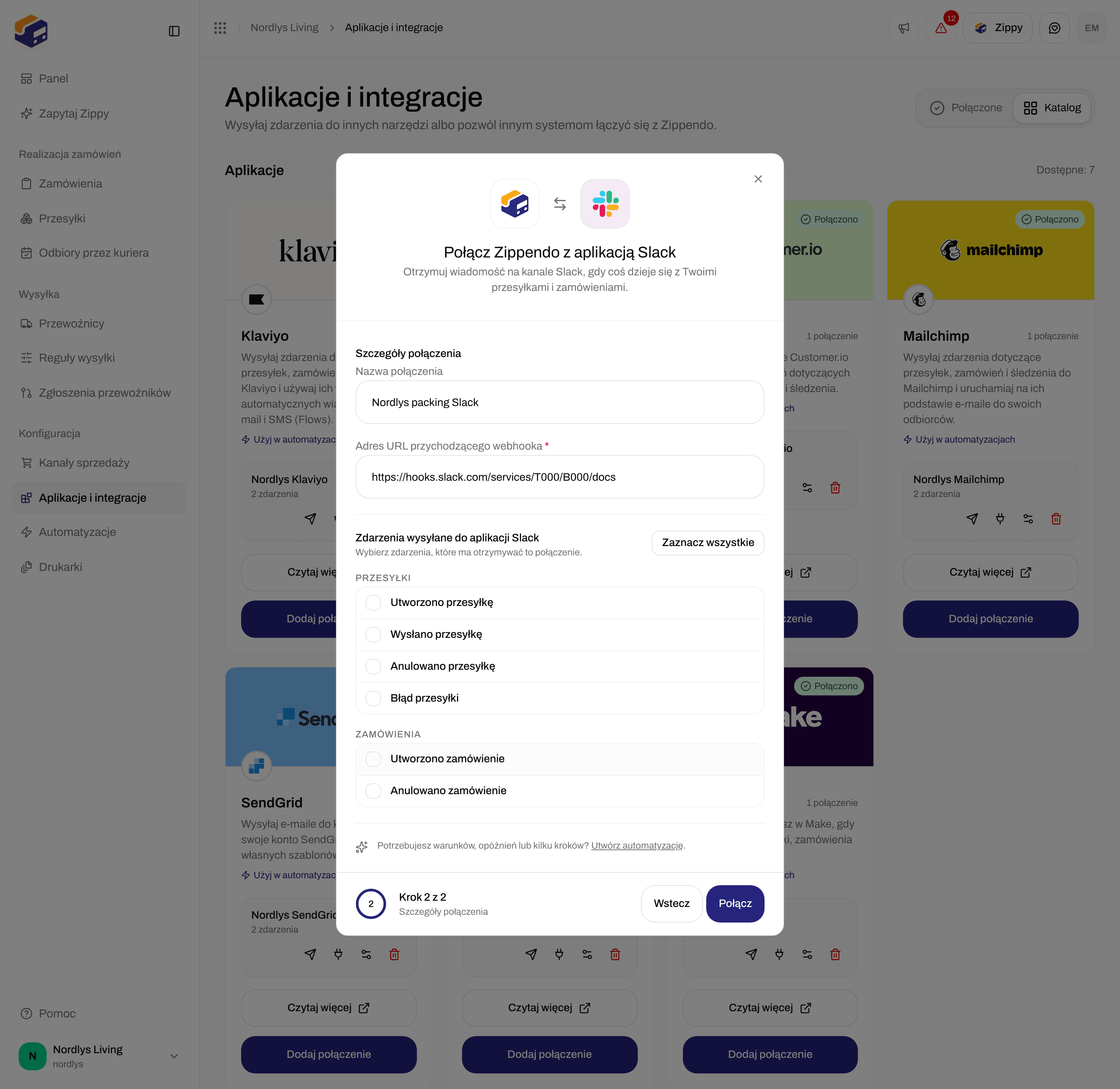 Okno połączenia ze Slackiem z nazwą połączenia, adresem URL Incoming Webhook i polami wyboru zdarzeń