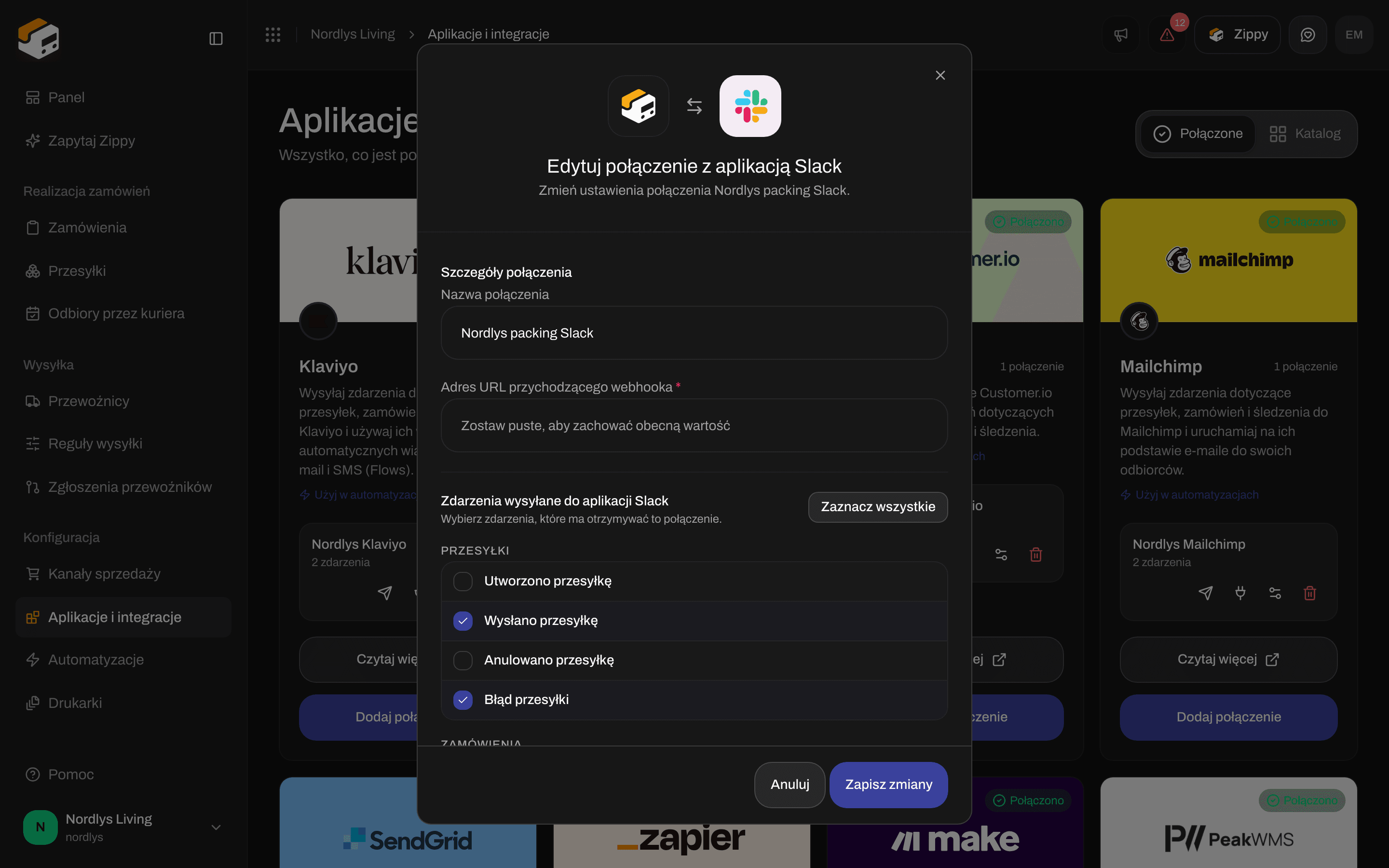 Okno edycji połączenia ze Slackiem z nazwą połączenia, pustym polem webhooka i zdarzeniami