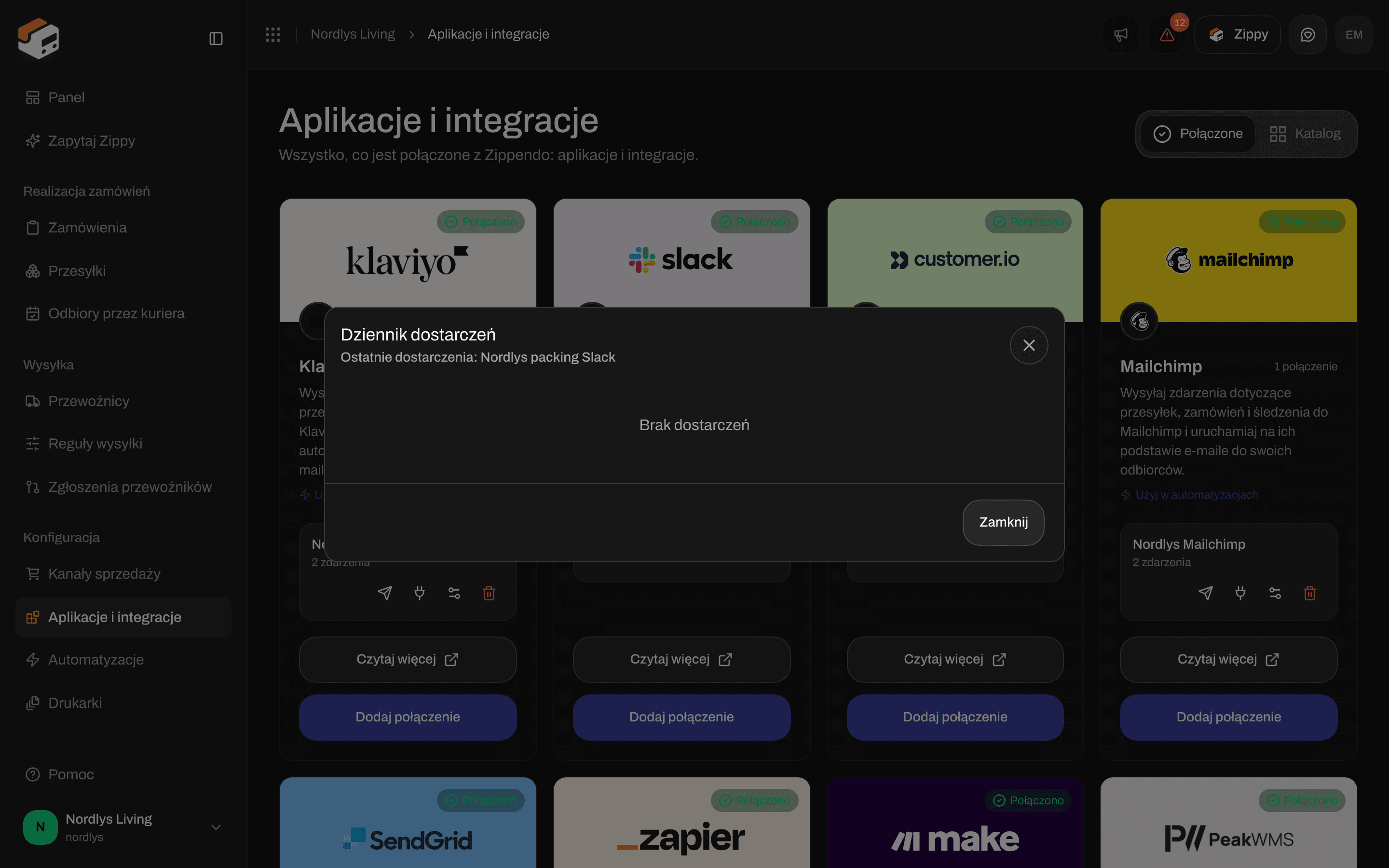 Okno dziennika dostarczeń połączenia ze Slackiem z komunikatem Brak dostarczeń